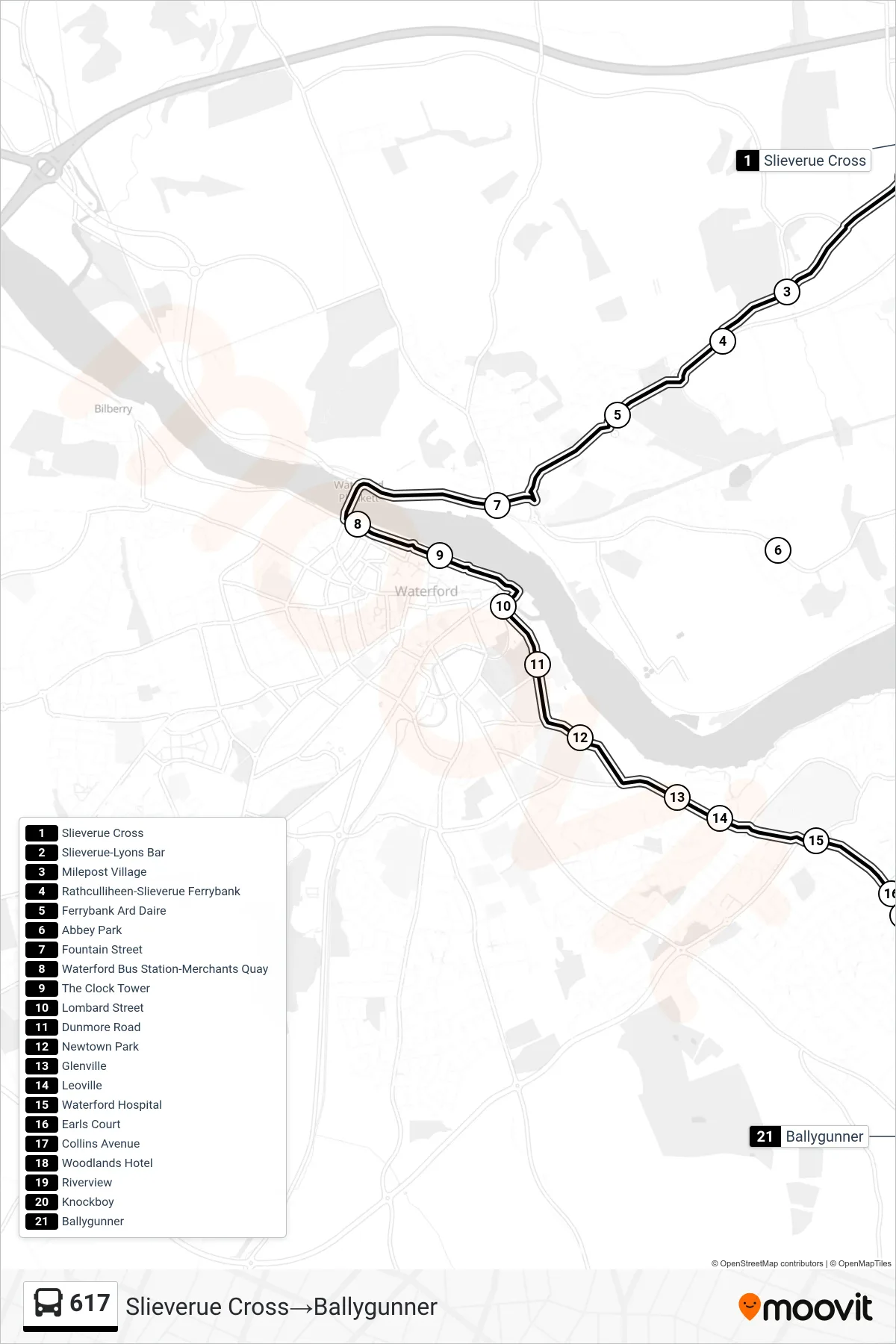 617 bus Line (Slieverue Cross‎→Ballygunner) route and stops on a map