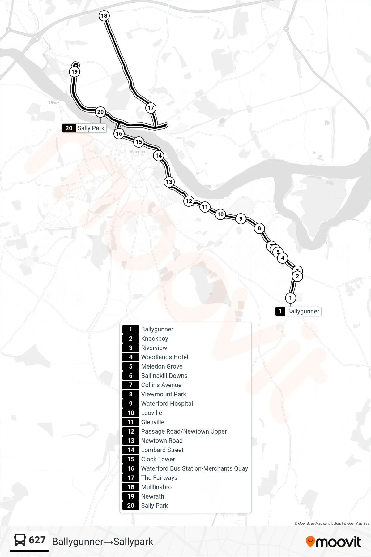 627 bus Line (Ballygunner→Sallypark) route and stops on a map