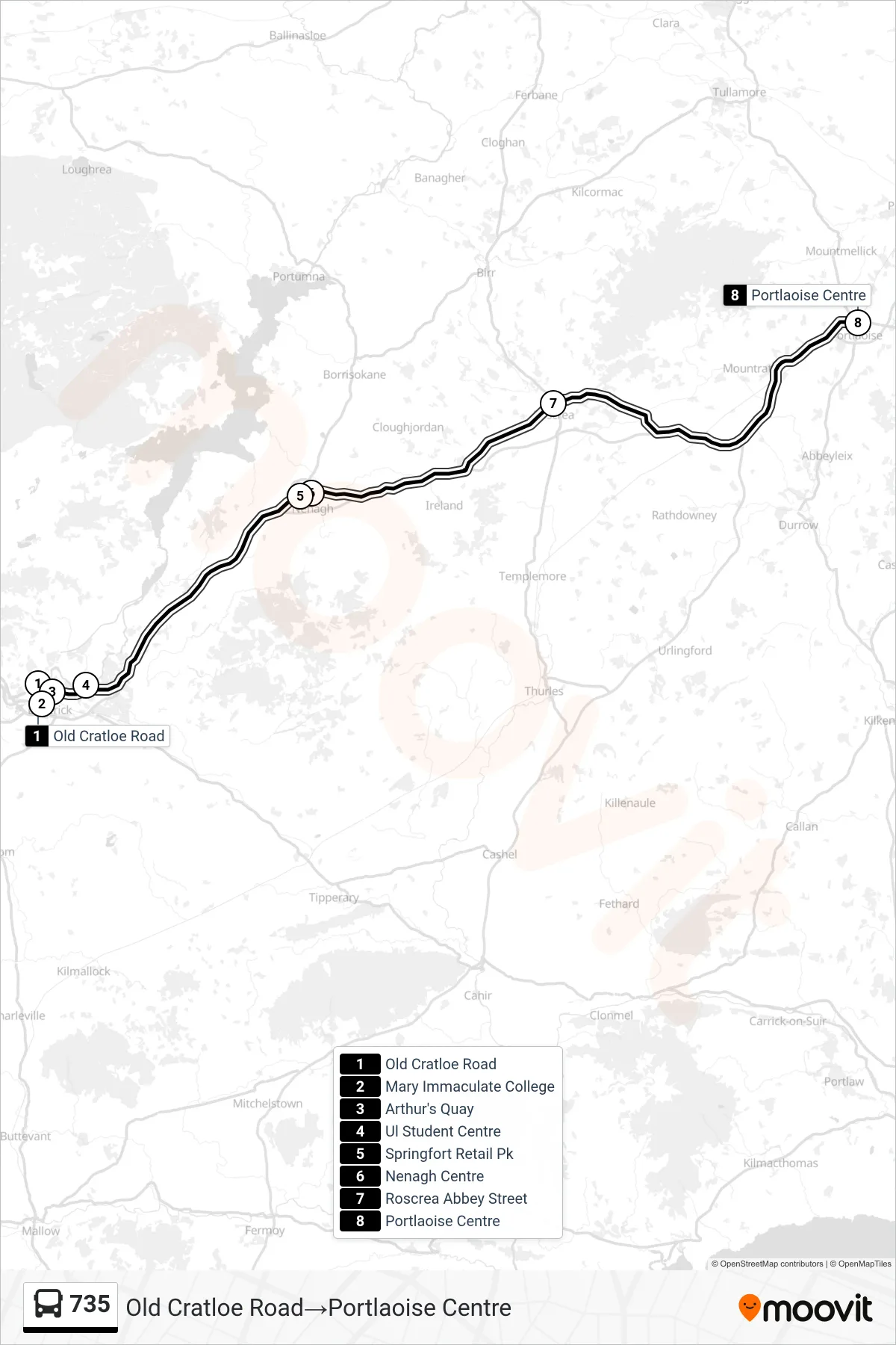 735 bus Line (Old Cratloe Road‎→Portlaoise Centre) route and stops on a map