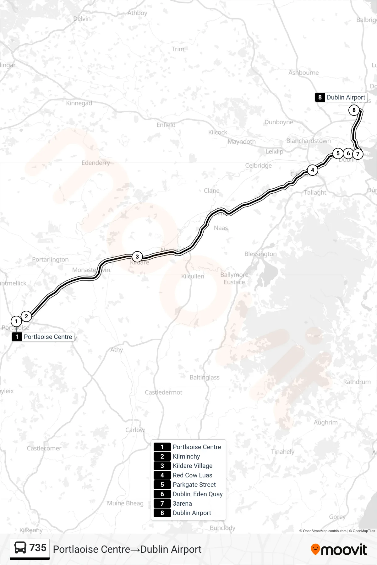 735 bus Line (Portlaoise Centre→Dublin Airport) route and stops on a map
