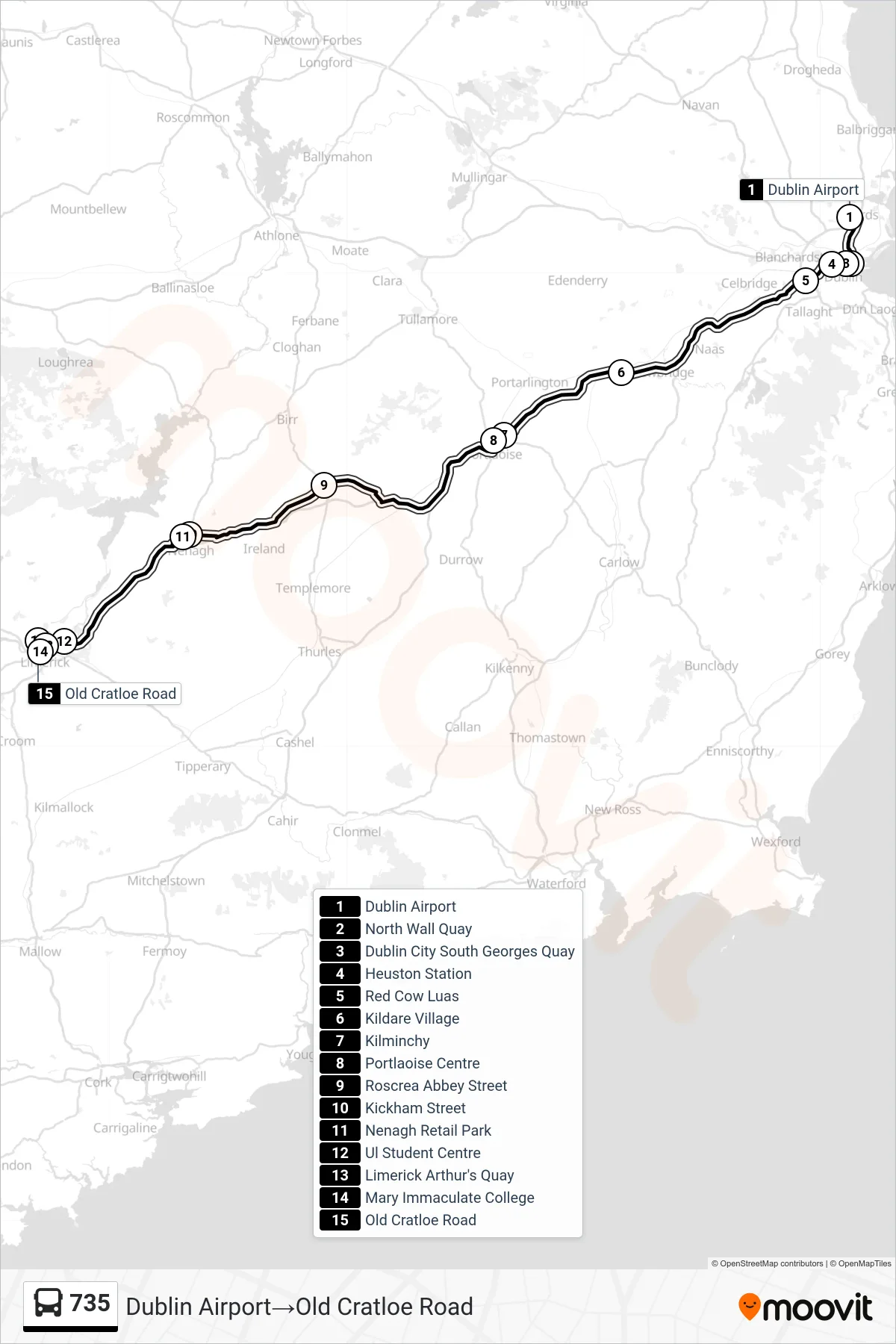 735 bus Line (Dublin Airport‎→Old Cratloe Road) route and stops on a map
