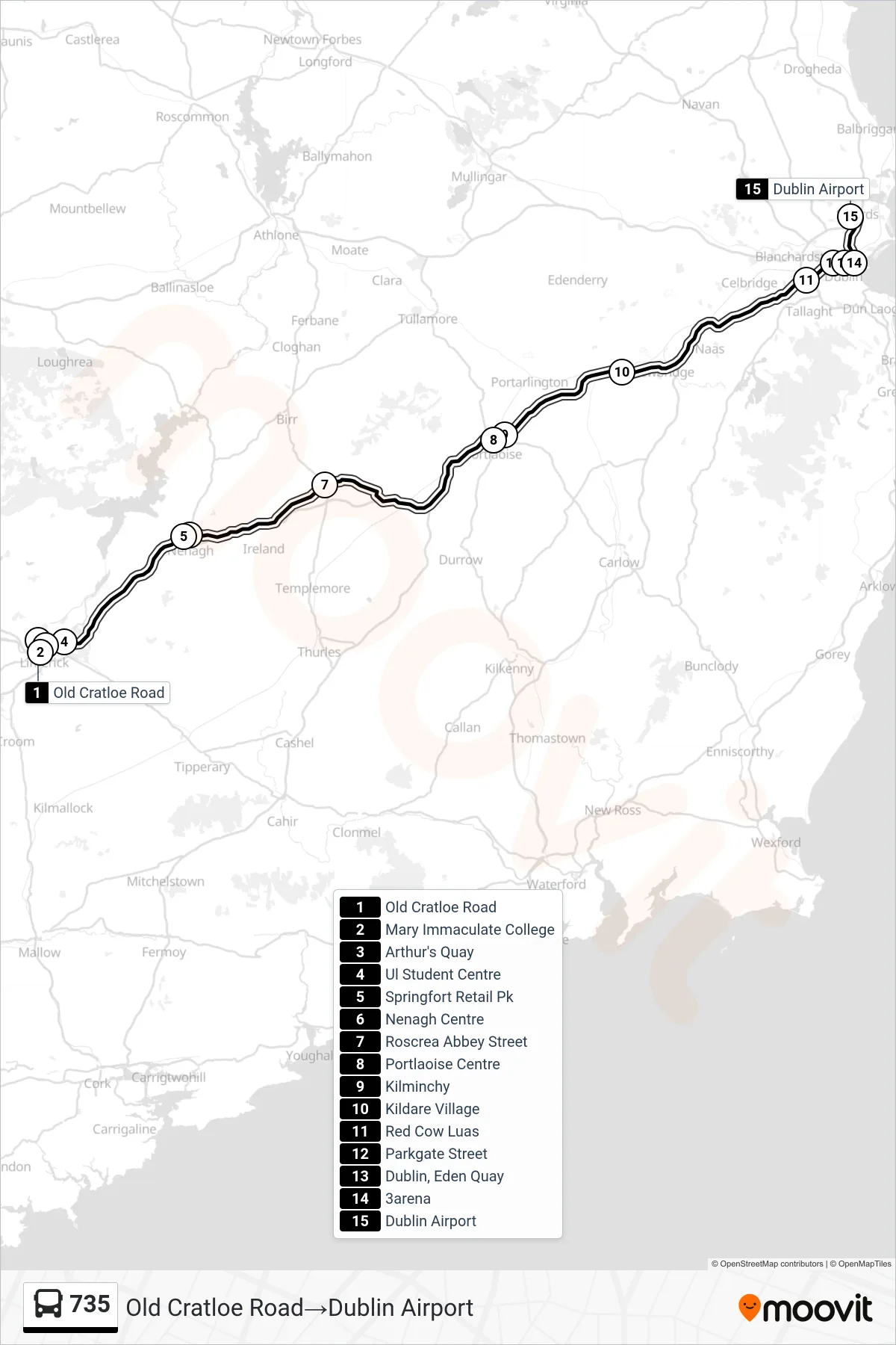 735 bus Line (Old Cratloe Road‎→Dublin Airport) route and stops on a map