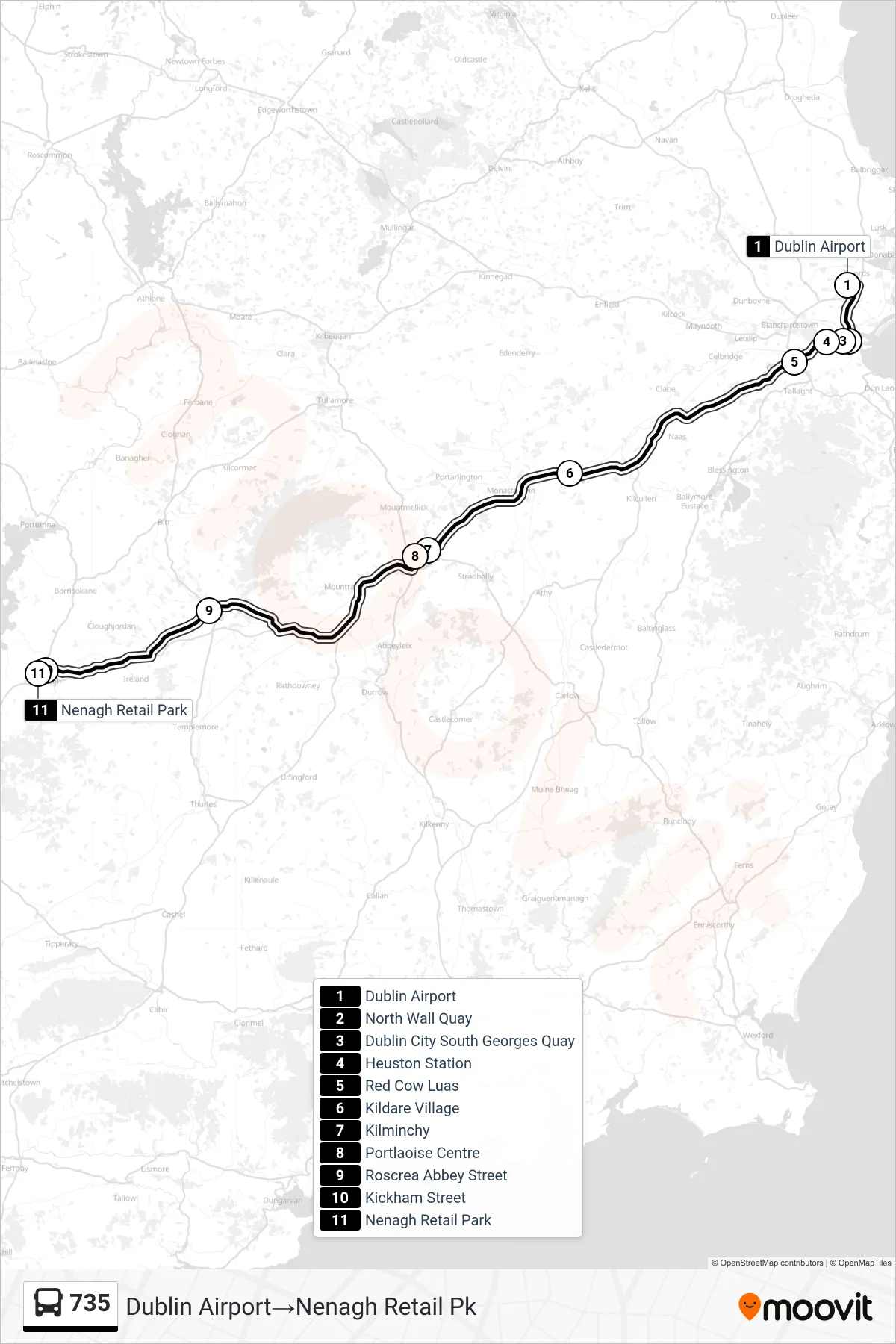 735 bus Line (Dublin Airport→Nenagh Retail Pk) route and stops on a map