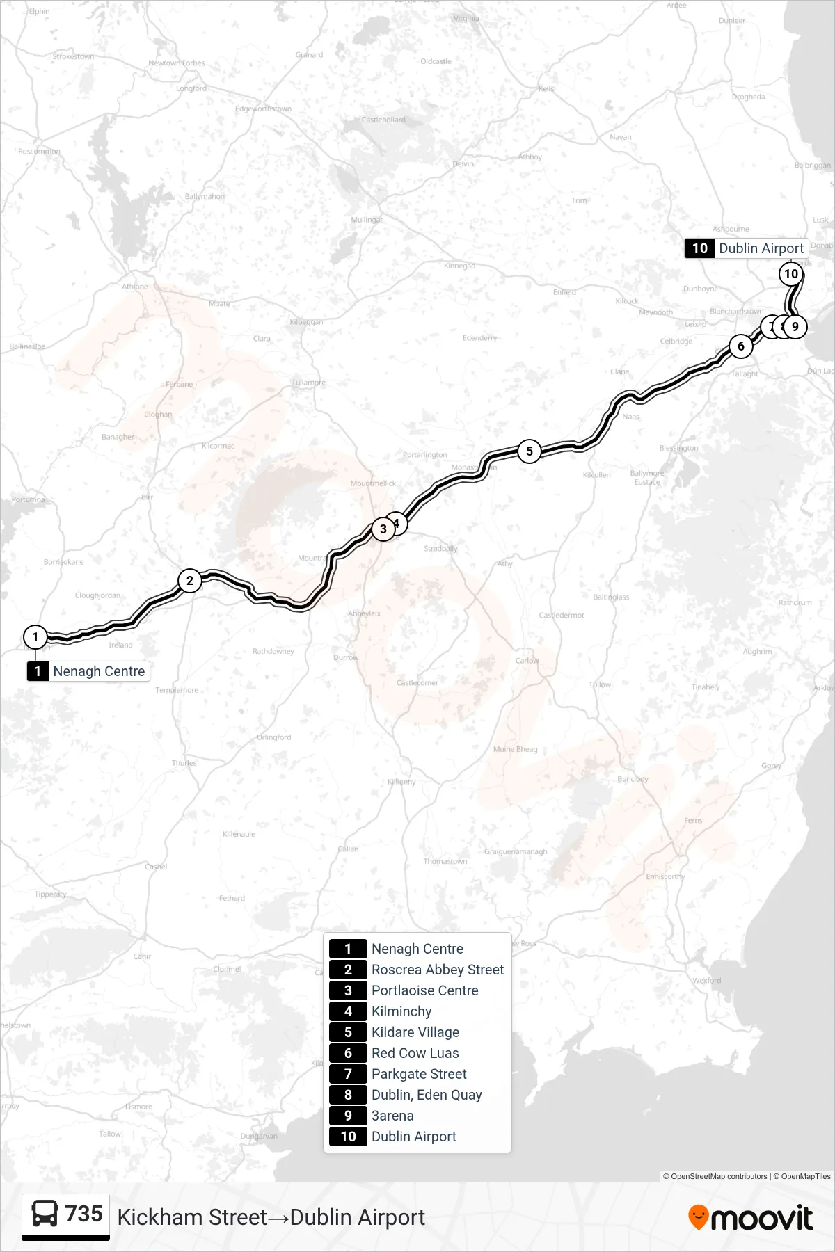 735 bus Line (Kickham Street→Dublin Airport) route and stops on a map