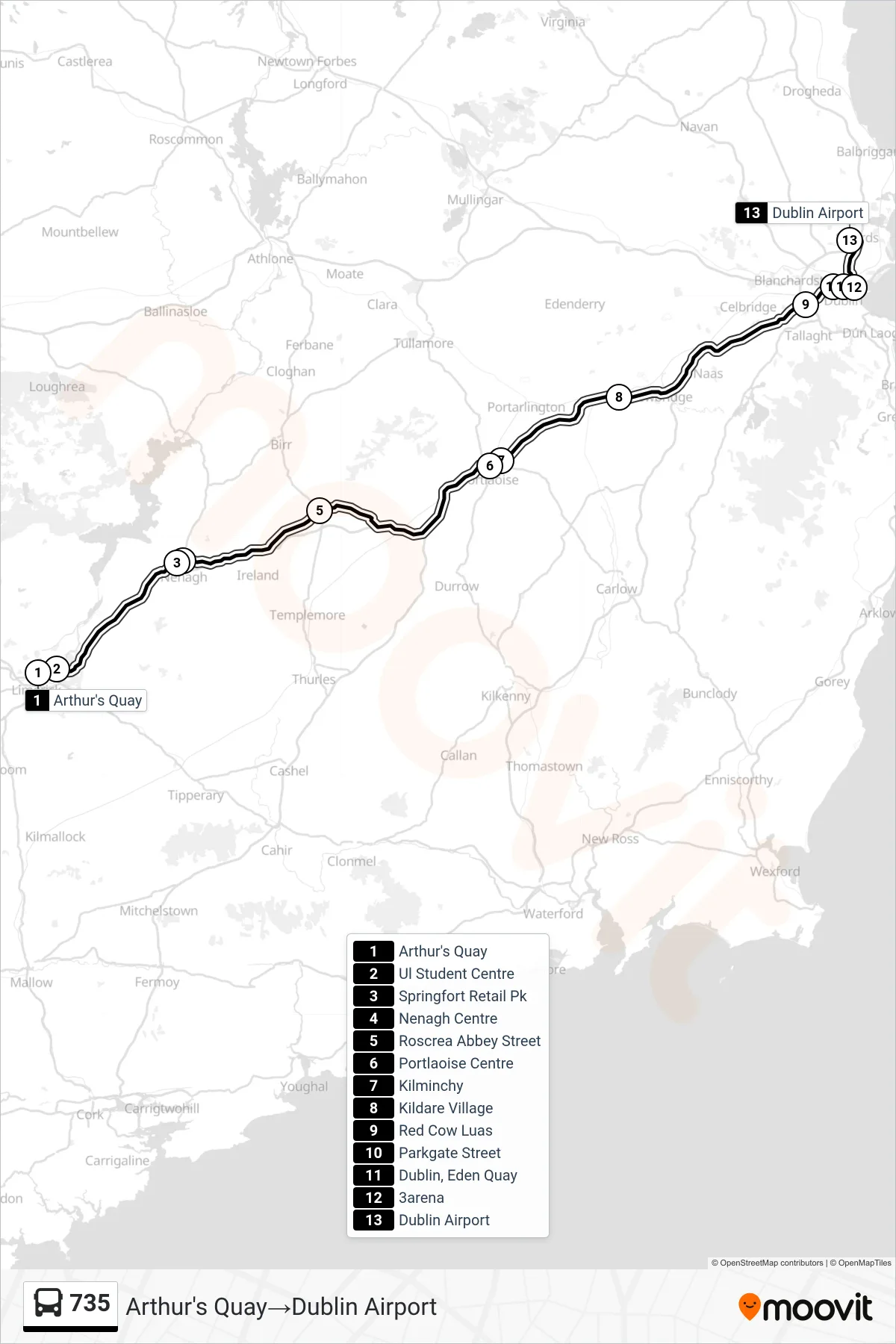 735 bus Line (Arthur's Quay‎→Dublin Airport) route and stops on a map