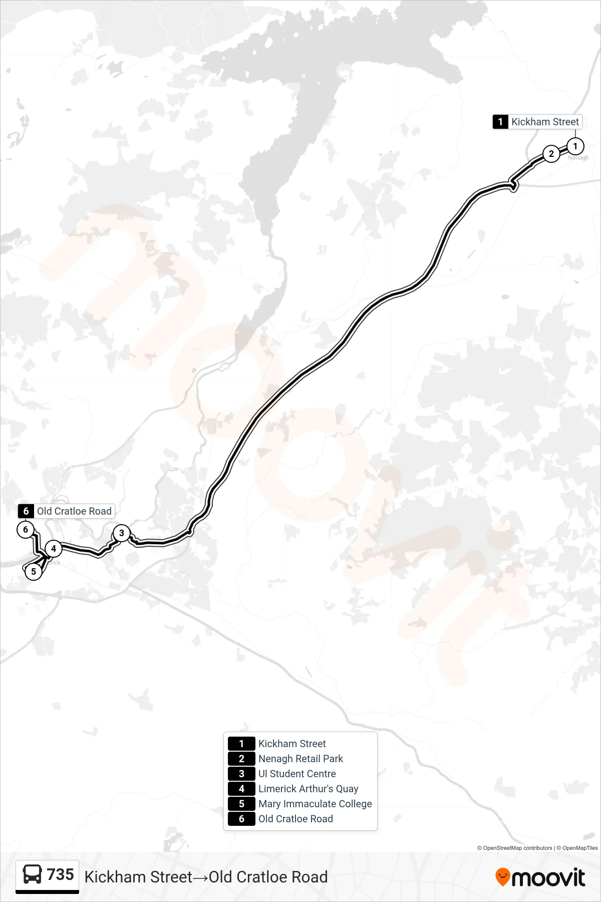 735 bus Line (Kickham Street→Old Cratloe Road) route and stops on a map