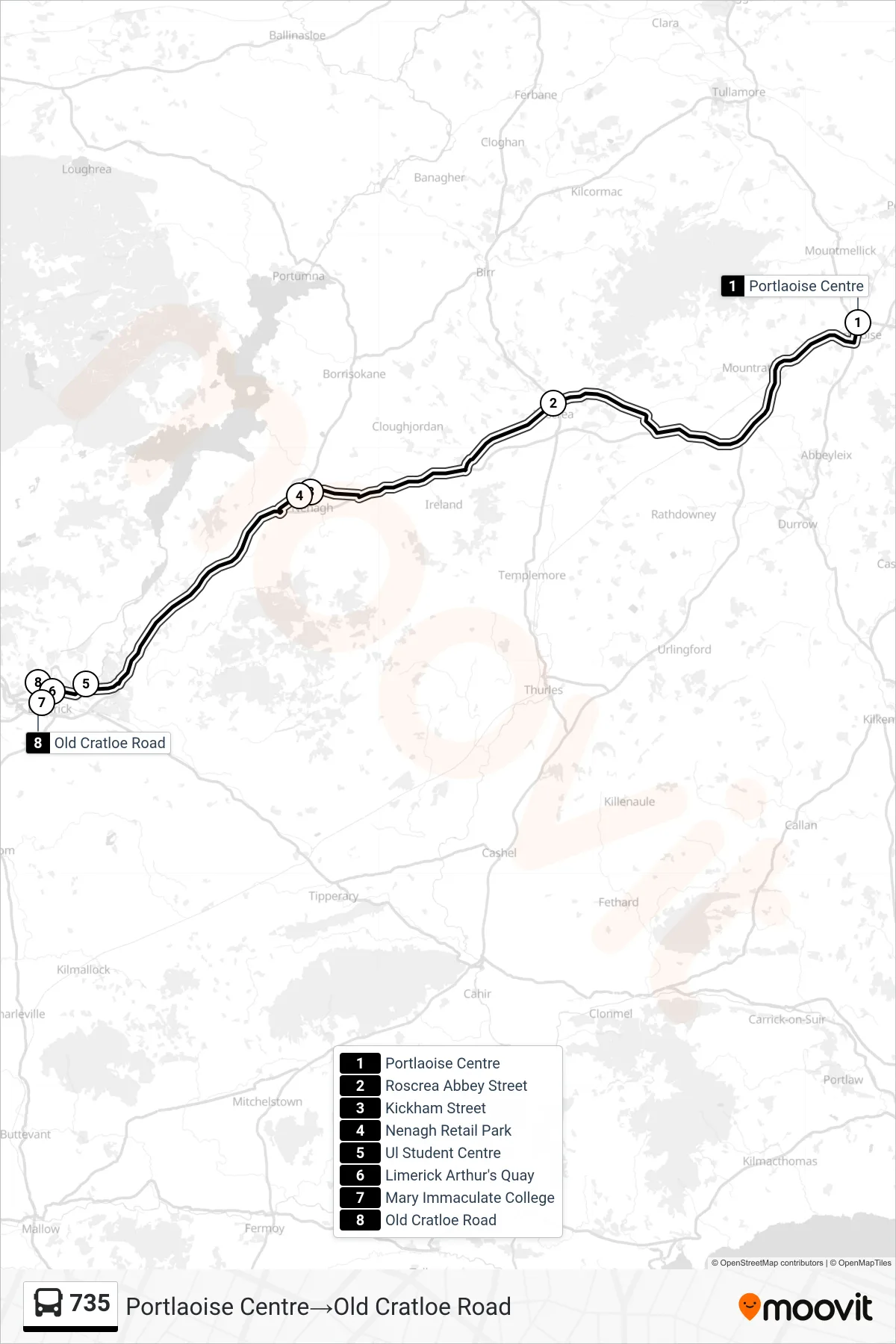 735 bus Line (Portlaoise Centre→Old Cratloe Road) route and stops on a map