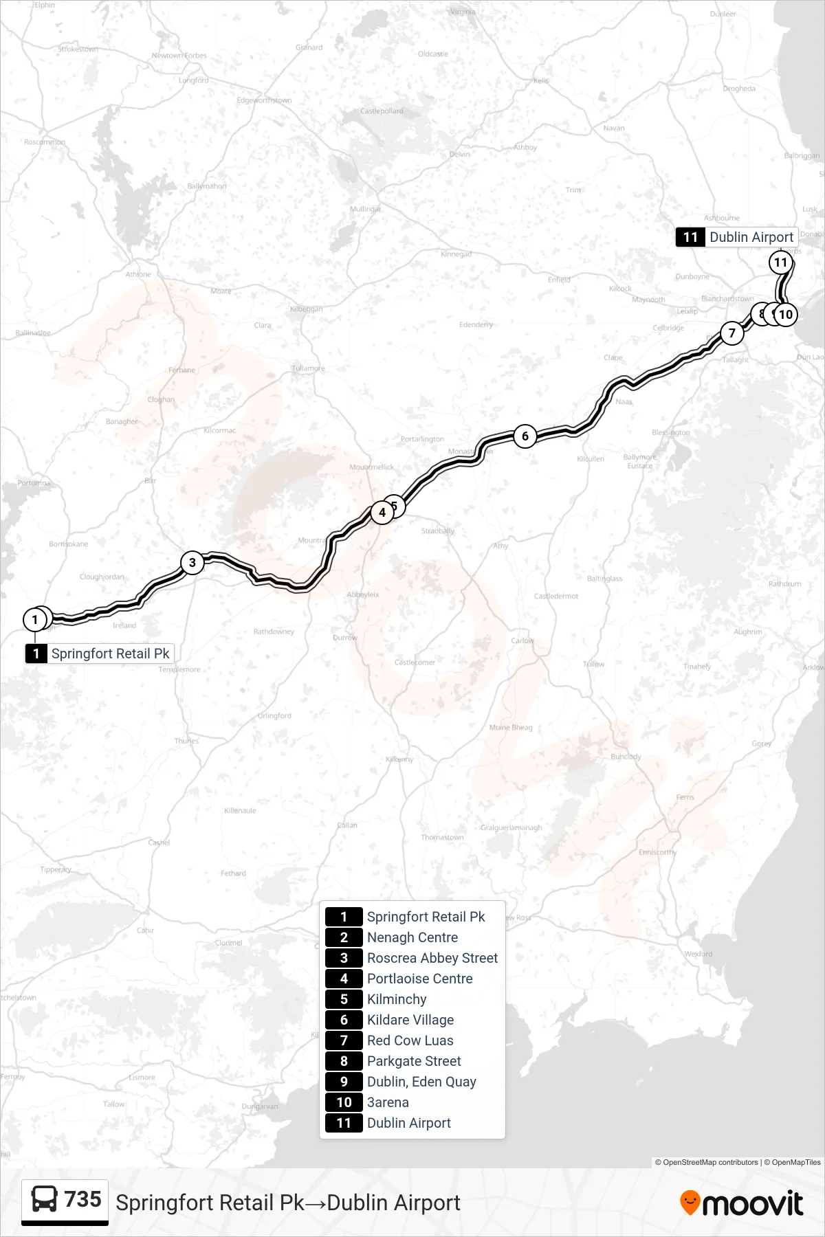 735 bus Line (Springfort Retail Pk‎→Dublin Airport) route and stops on a map