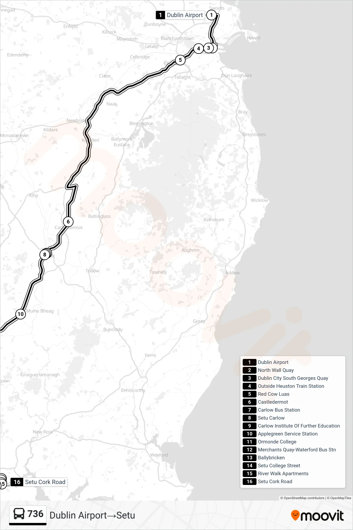 736 bus Line (Dublin Airport→Setu) route and stops on a map