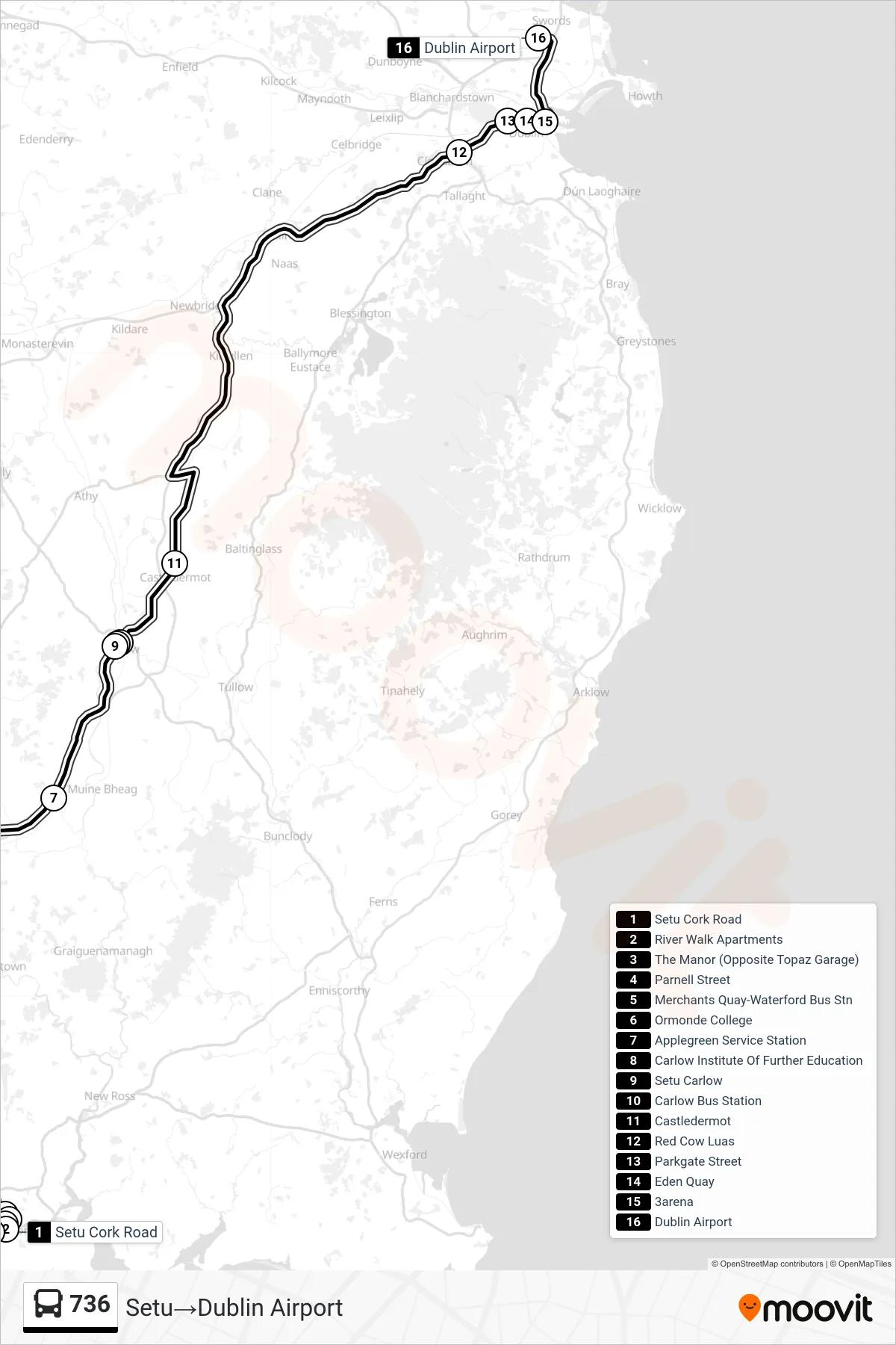 736 bus Line (Setu→Dublin Airport) route and stops on a map