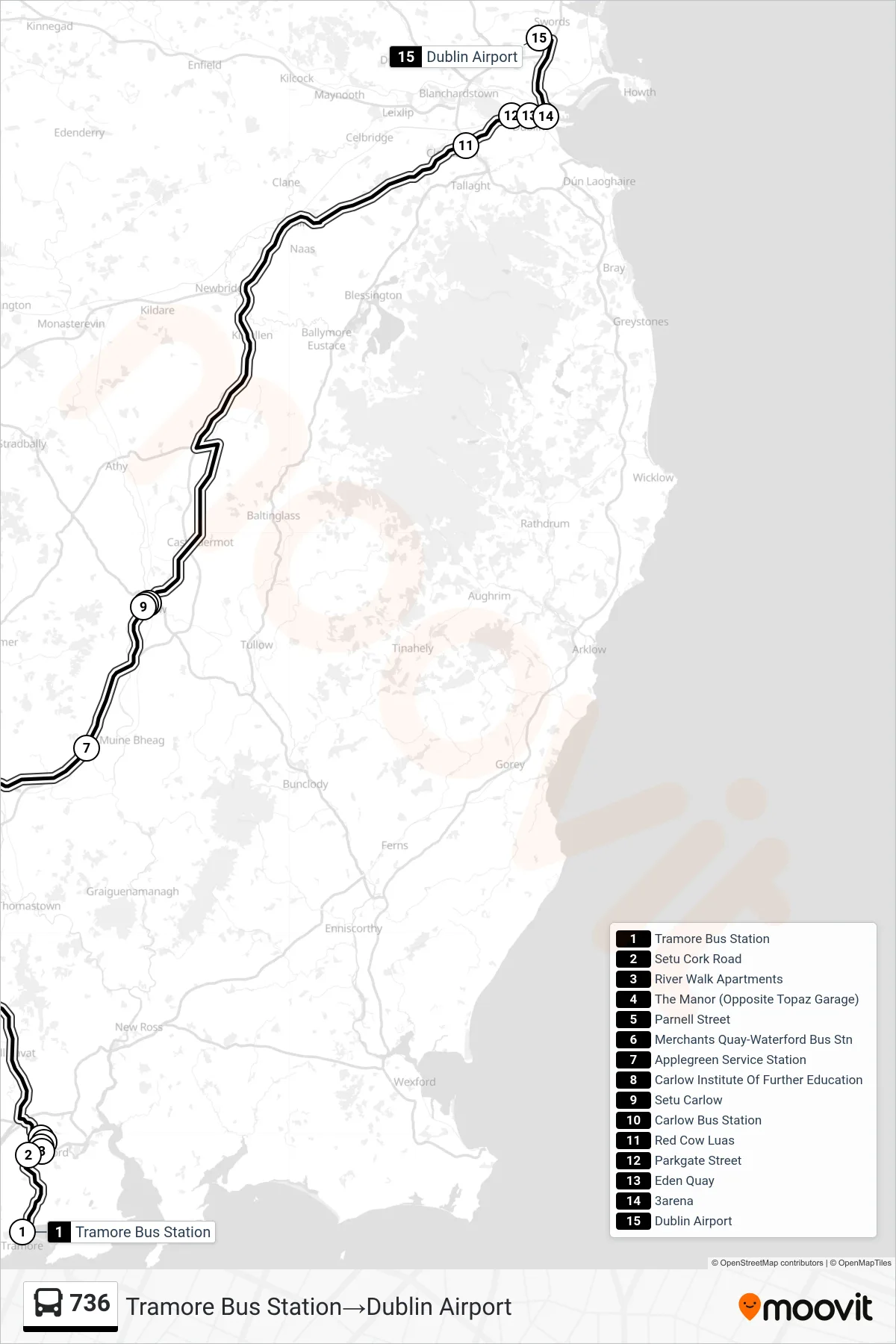 736 bus Line (Tramore Bus Station‎→Dublin Airport) route and stops on a map