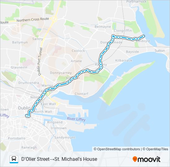 DUBLIN CITY SOUTH, D'OLIER STREET - BALDOYLE, WARRENHOUSE ROAD bus Line Map