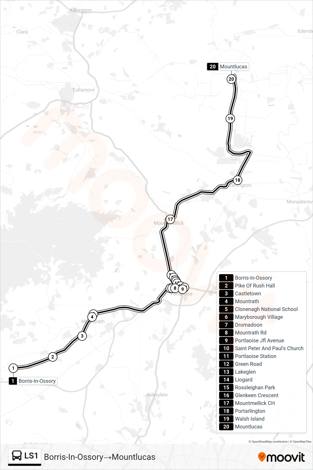 LS1 bus Line (Borris-In-Ossory→Mountlucas) route and stops on a map