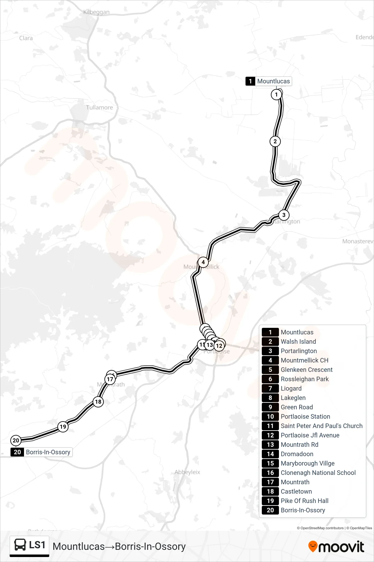 LS1 bus Line (Mountlucas→Borris-In-Ossory) route and stops on a map