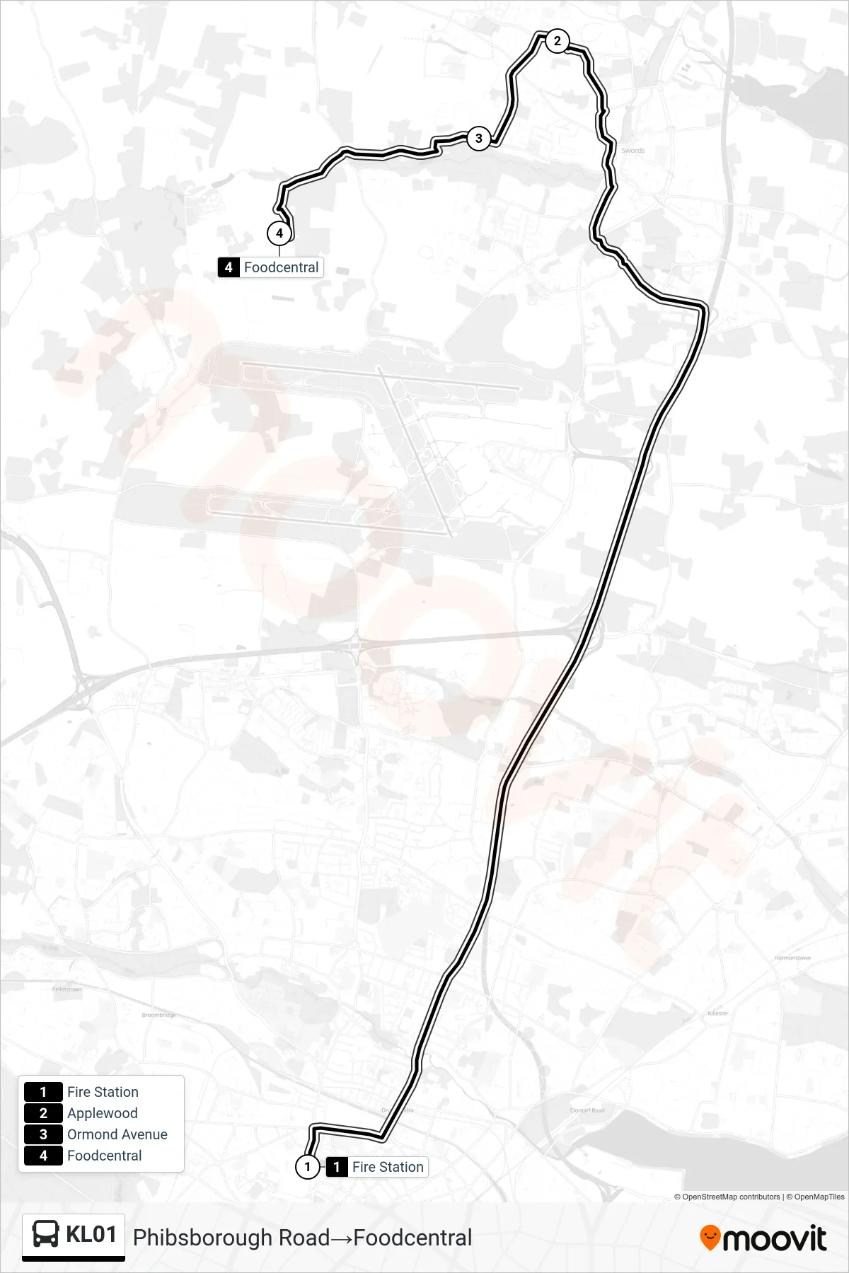 KL01 bus Line (Phibsborough Road→Foodcentral) route and stops on a map