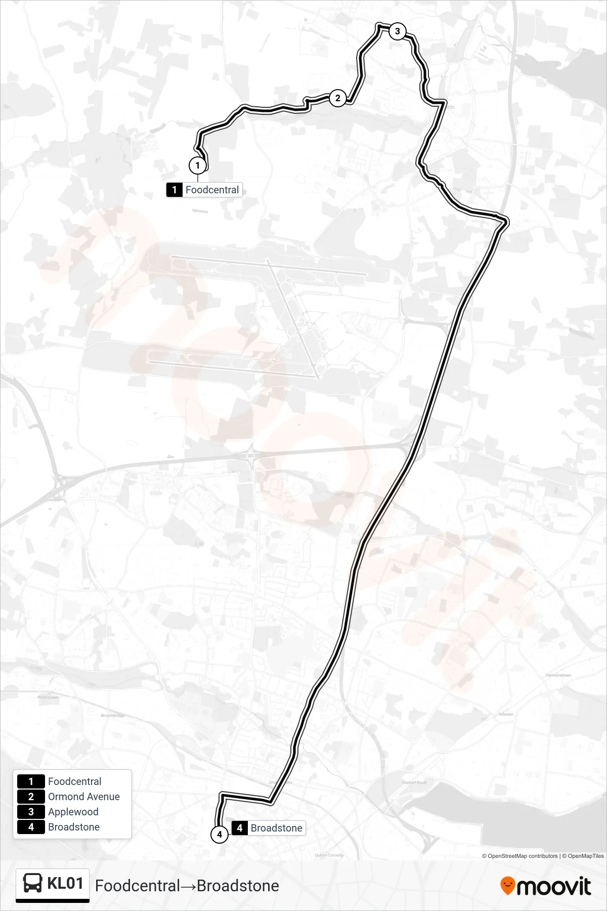 KL01 bus Line (Foodcentral→Broadstone) route and stops on a map