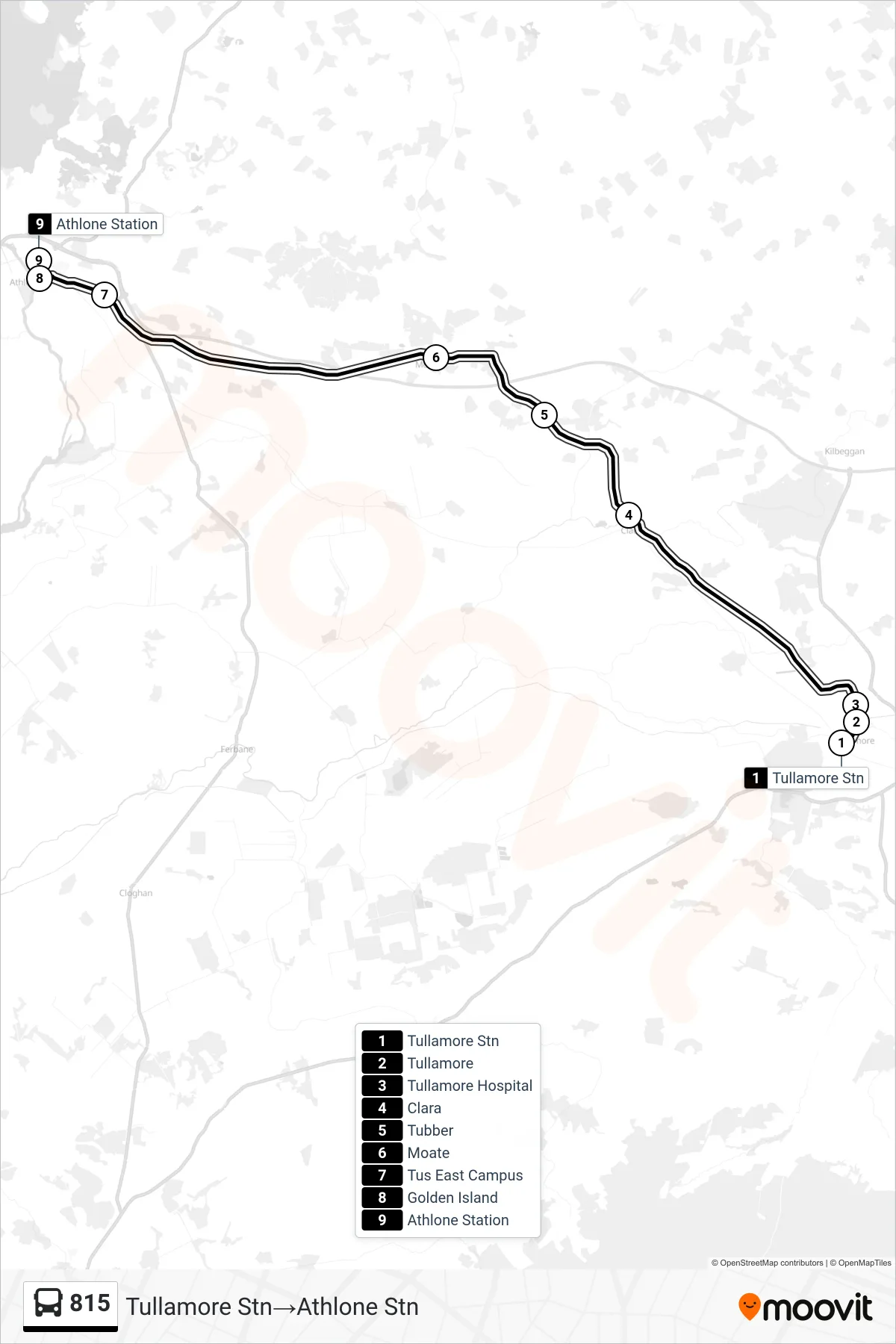 815 bus Line (Tullamore Stn‎→Athlone Stn) route and stops on a map