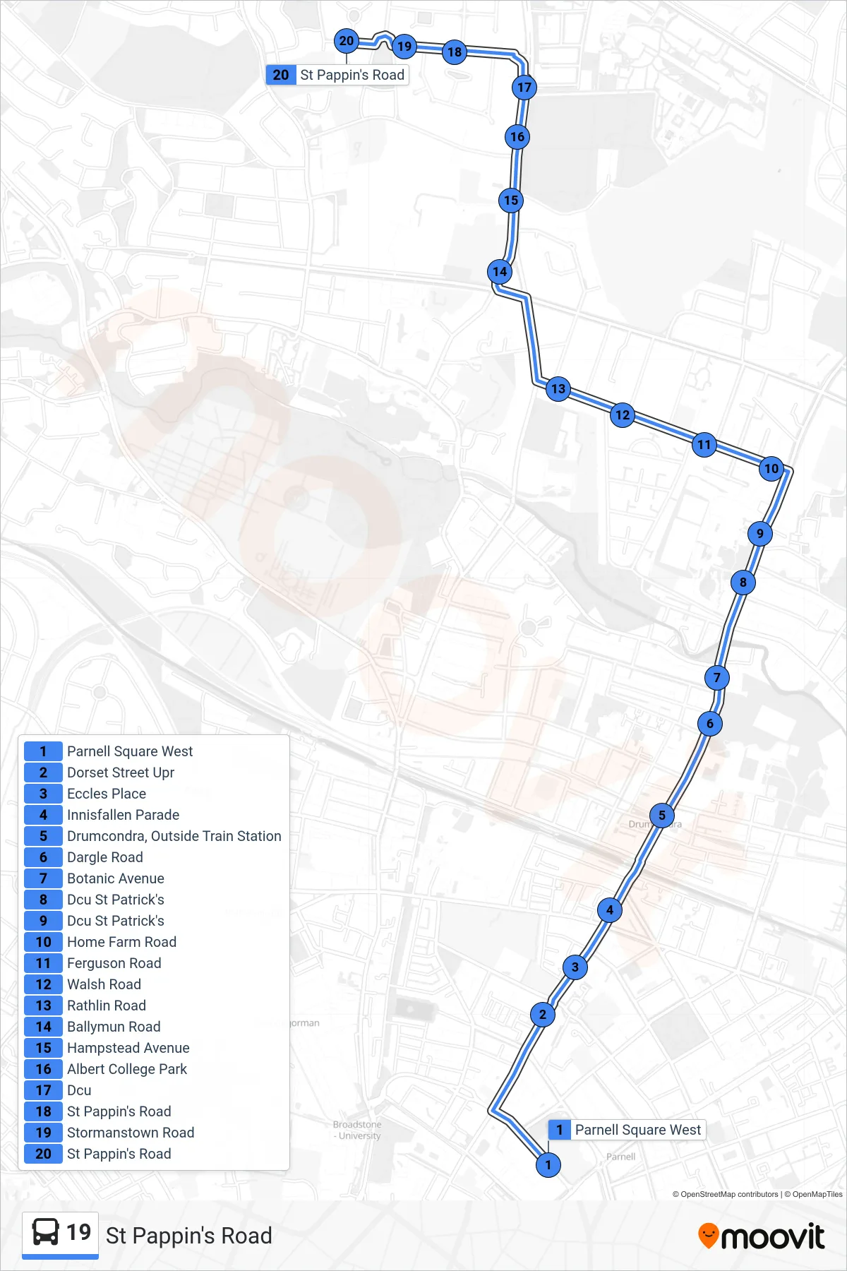 19 bus Line (St Pappin's Road) route and stops on a map