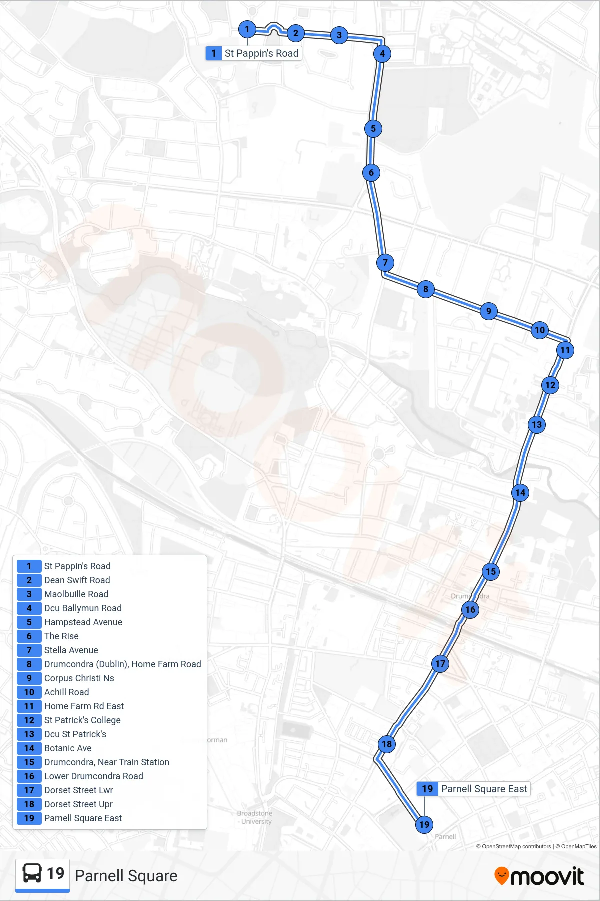 19 bus Line (Parnell Square) route and stops on a map