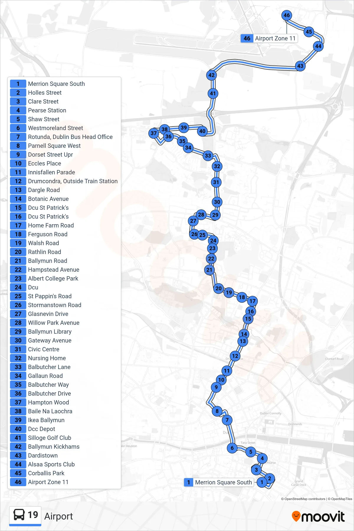 19 bus Line (Airport) route and stops on a map