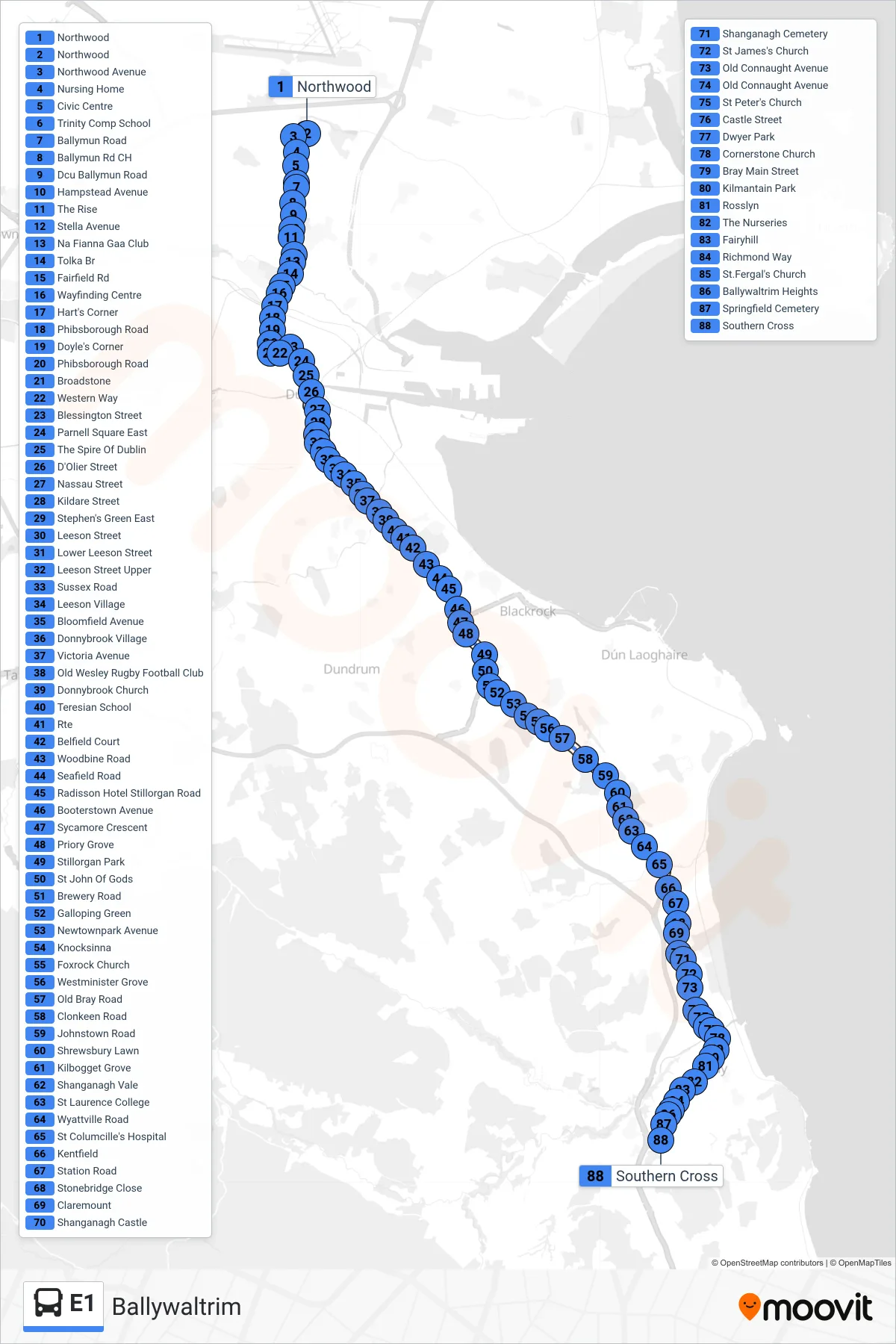 E1 bus Line (Ballywaltrim) route and stops on a map