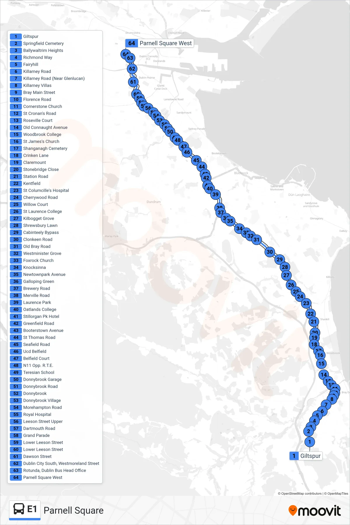 E1 bus Line (Parnell Square) route and stops on a map