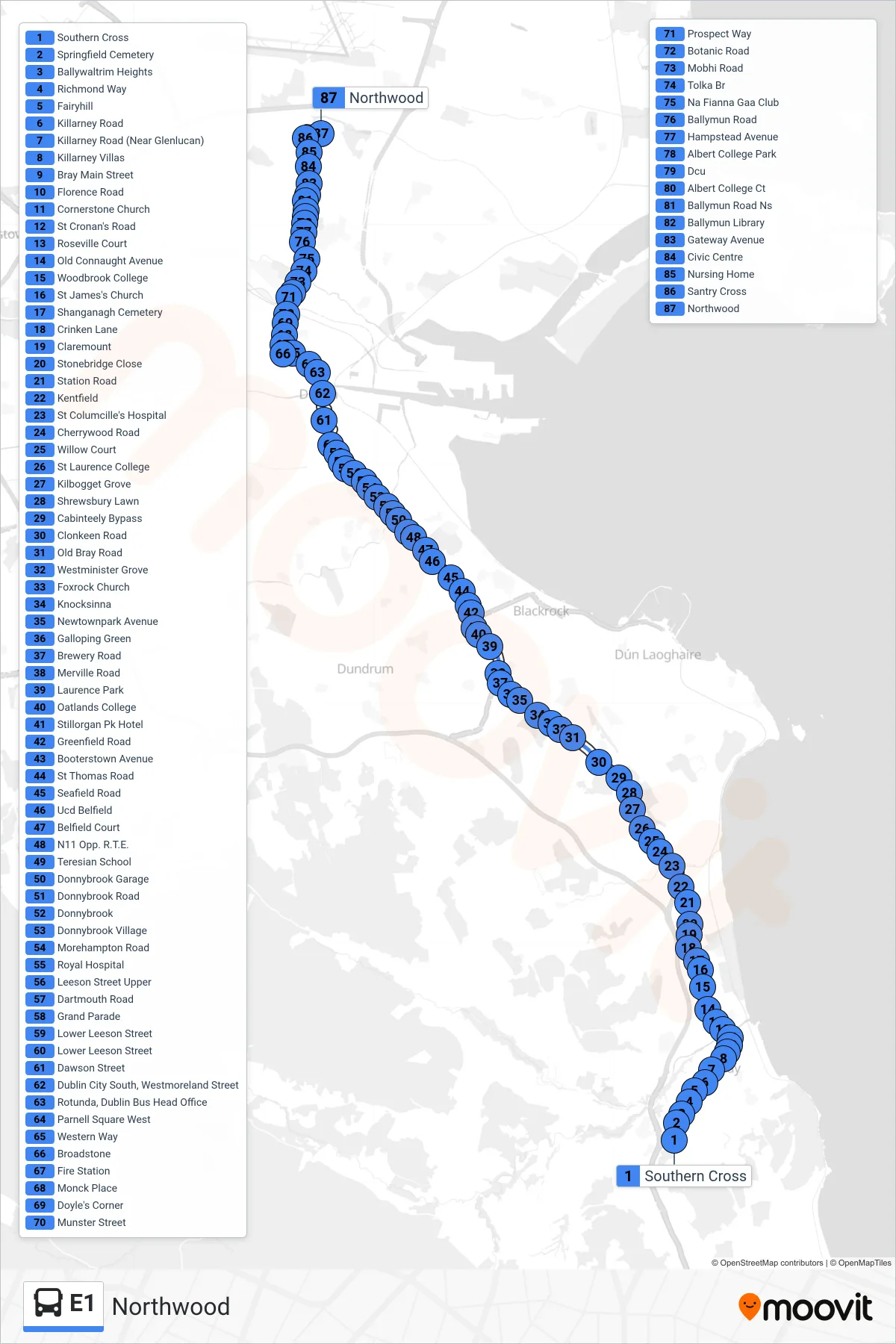 E1 bus Line (Northwood) route and stops on a map