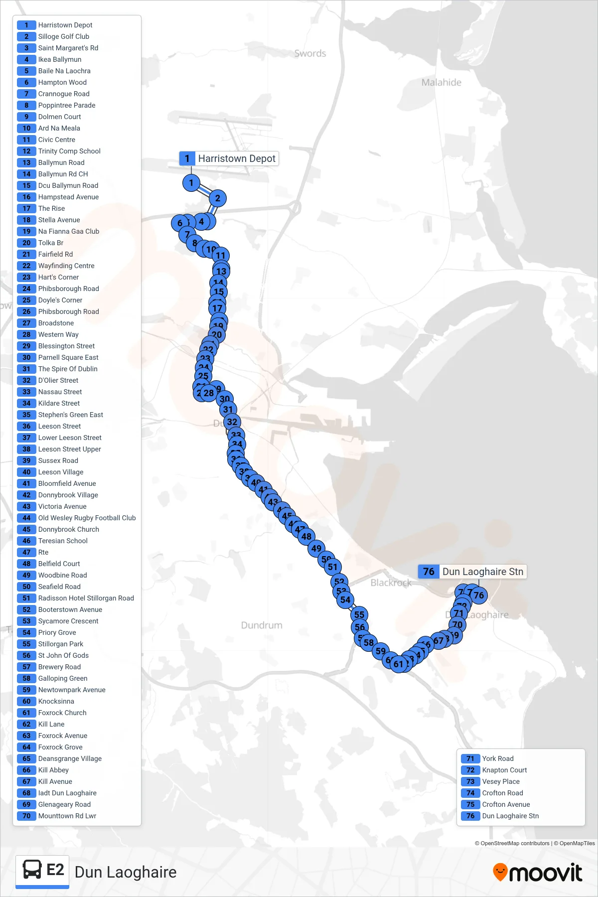 E2 bus Line (Dun Laoghaire) route and stops on a map
