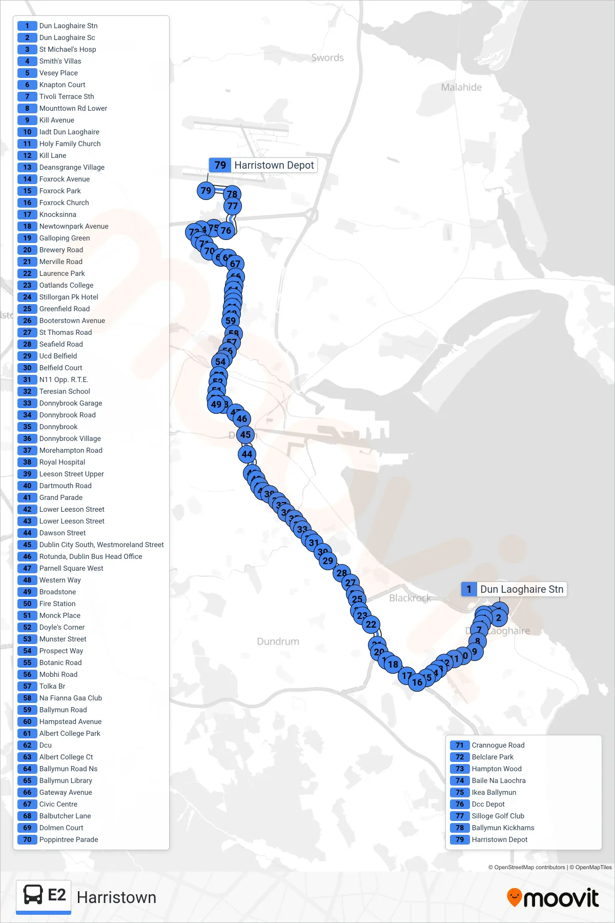 E2 bus Line (Harristown) route and stops on a map