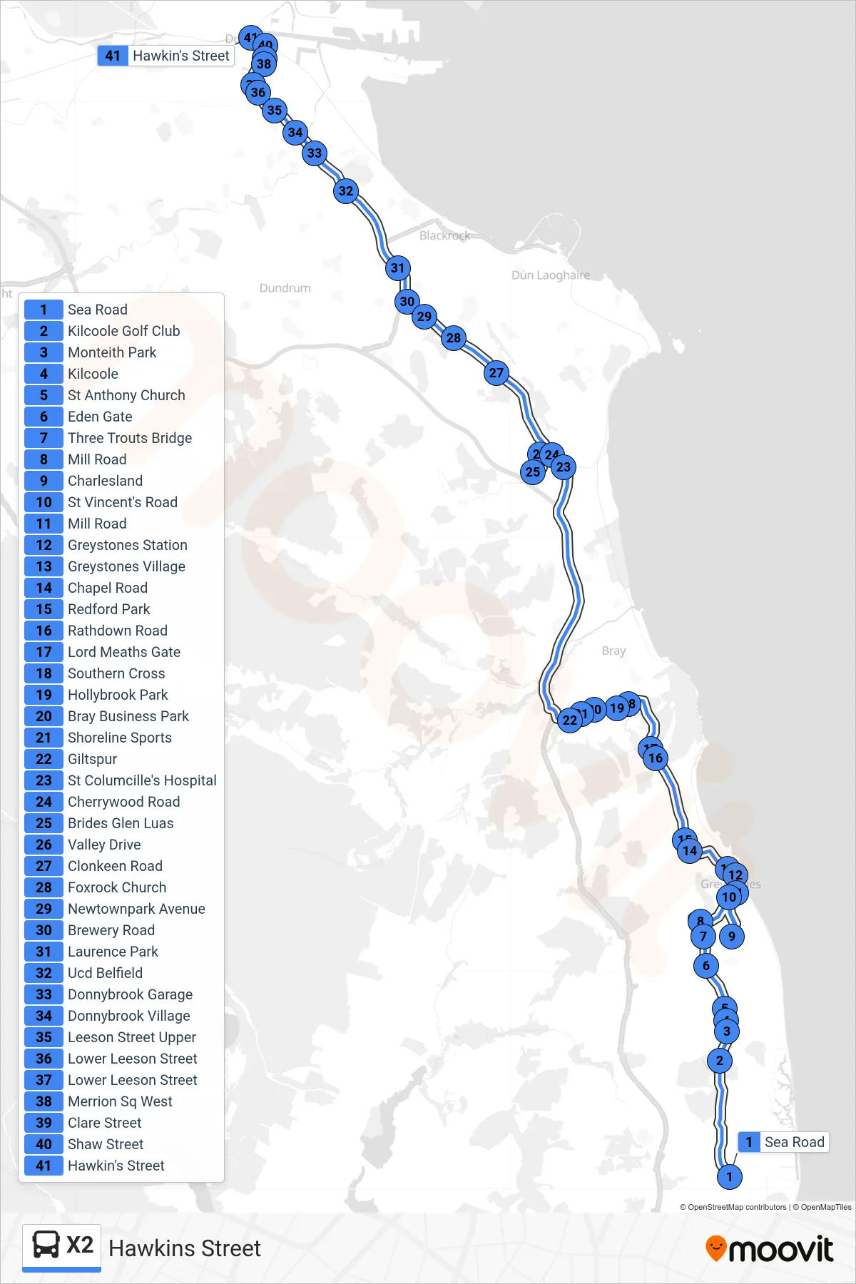 X2 bus Line (Hawkins Street) route and stops on a map