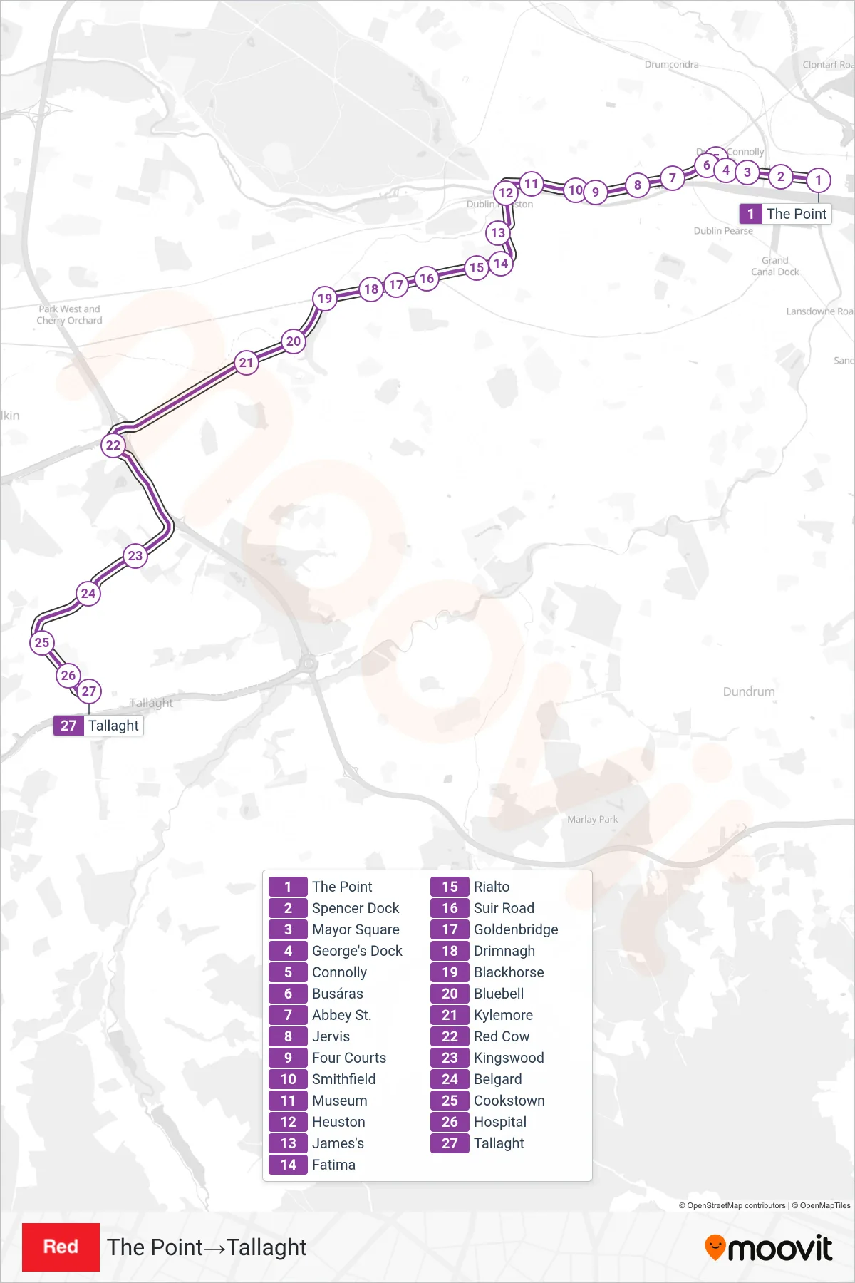 RED tram Line (The Point‎→Tallaght) route and stops on a map