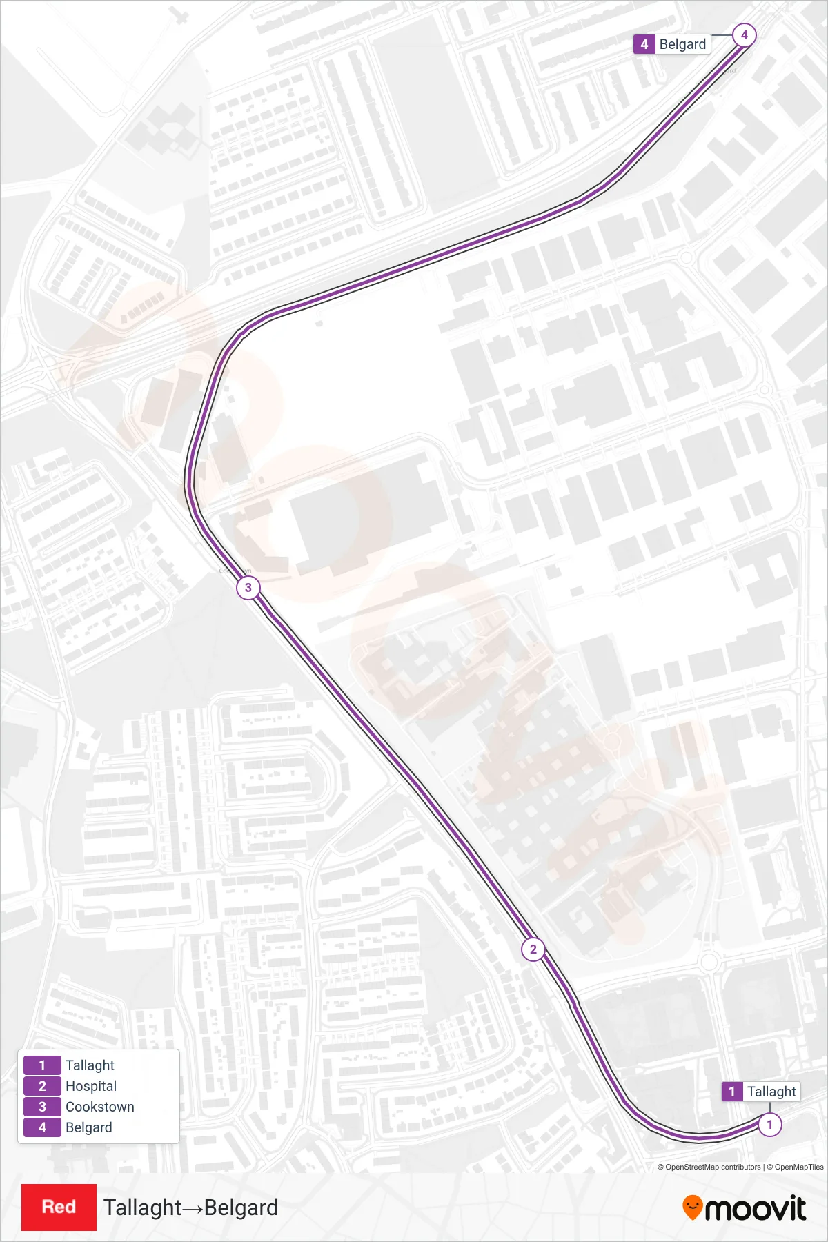 RED light rail Line (Tallaght‎→Belgard) route and stops on a map