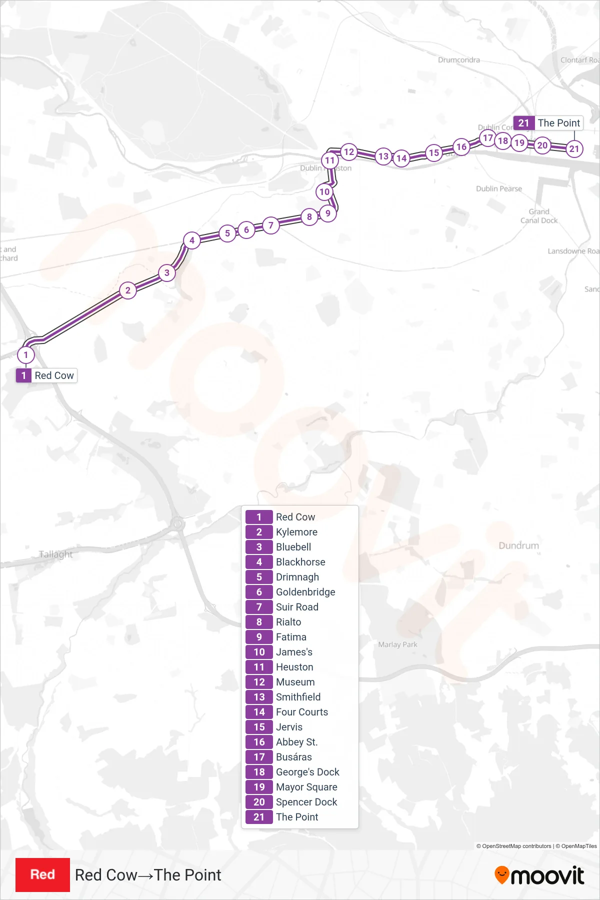 RED light rail Line (Red Cow→The Point) route and stops on a map