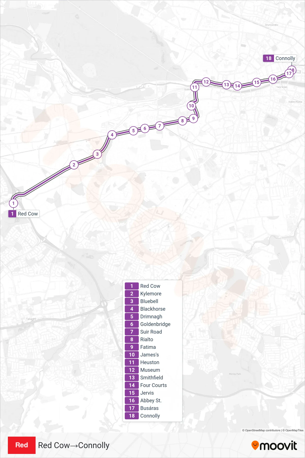 RED light rail Line (Red Cow‎→Connolly) route and stops on a map
