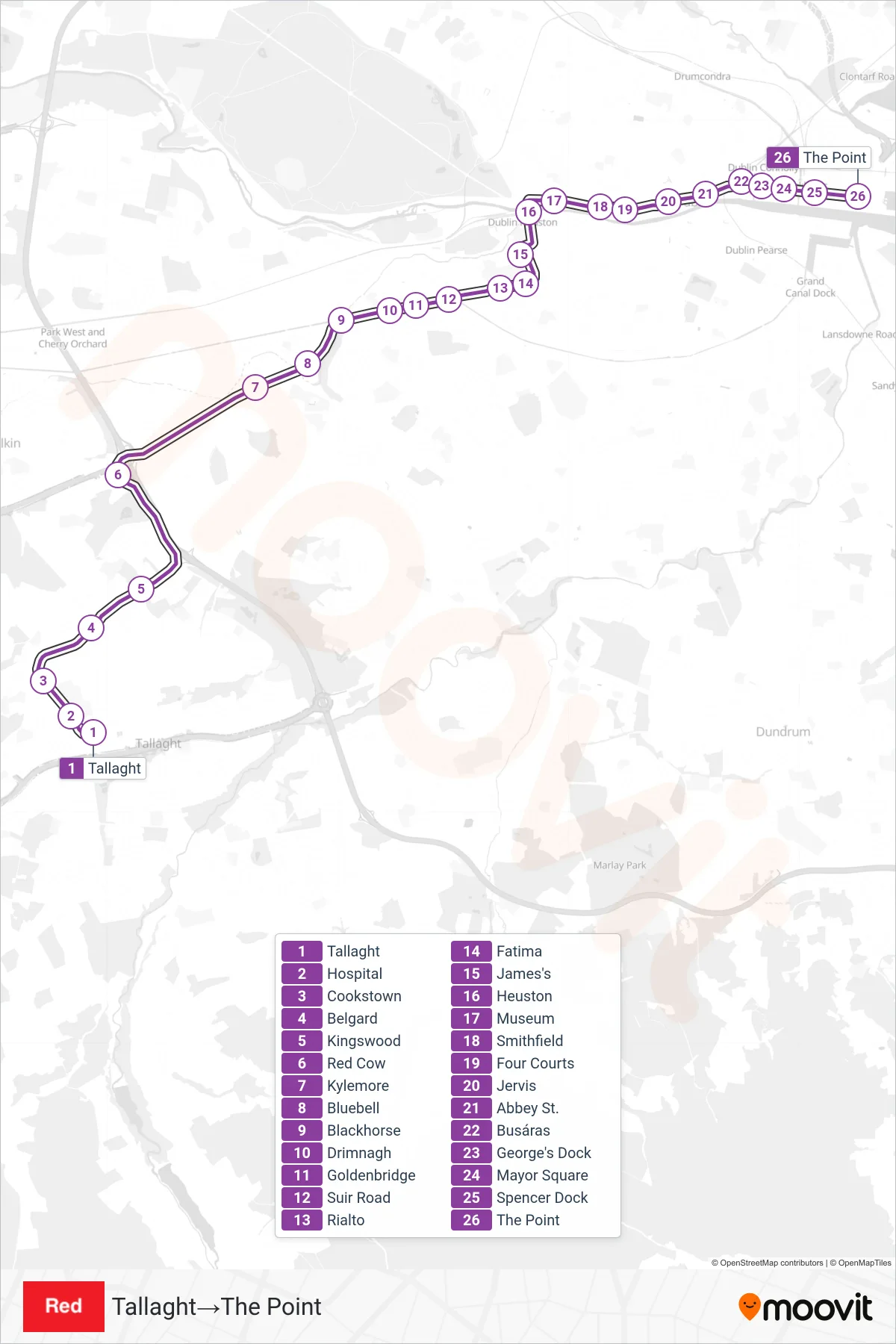 RED light rail Line (Tallaght‎→The Point) route and stops on a map