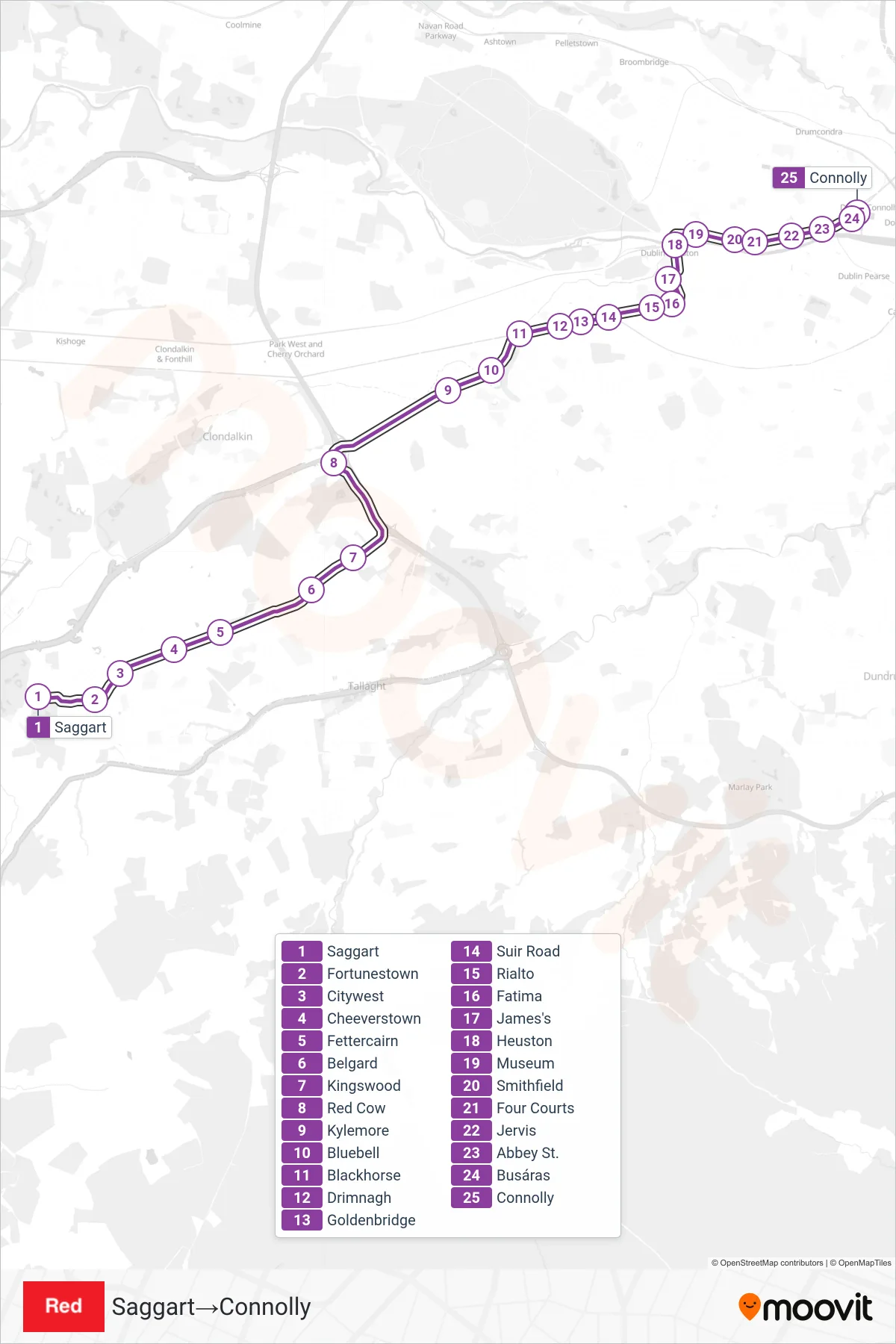 RED light rail Line (Saggart→Connolly) route and stops on a map