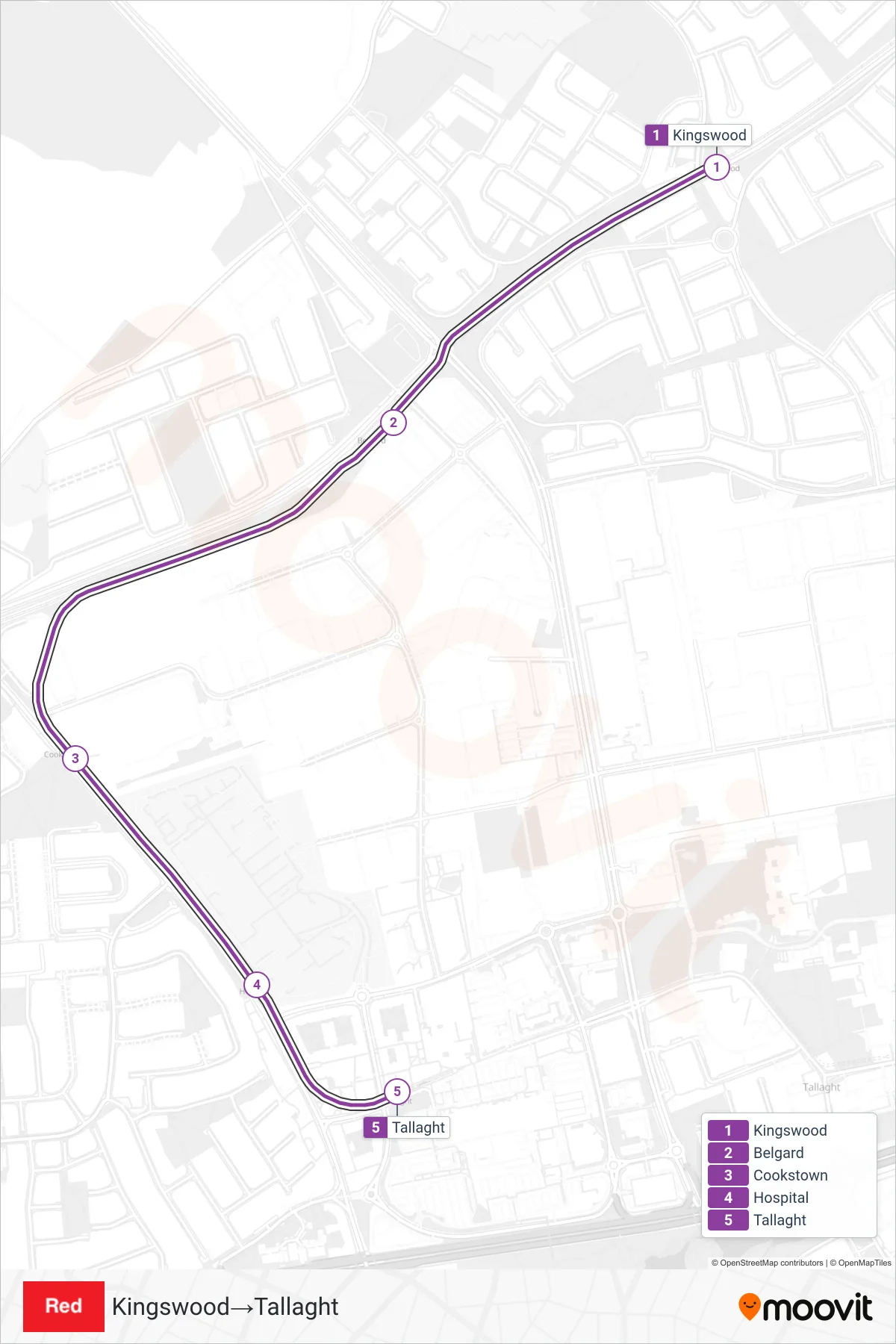 RED light rail Line (Kingswood→Tallaght) route and stops on a map