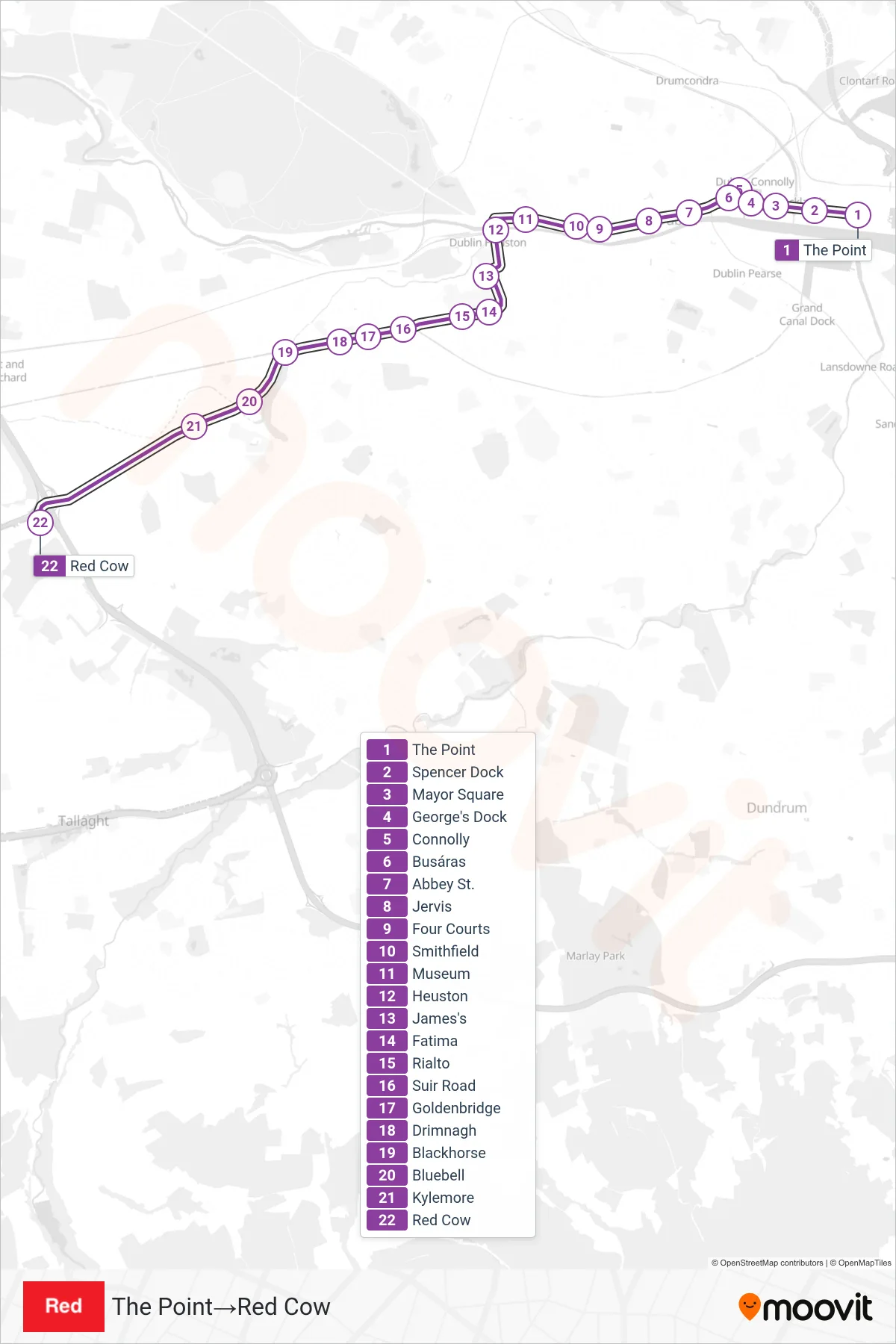 RED light rail Line (The Point→Red Cow) route and stops on a map
