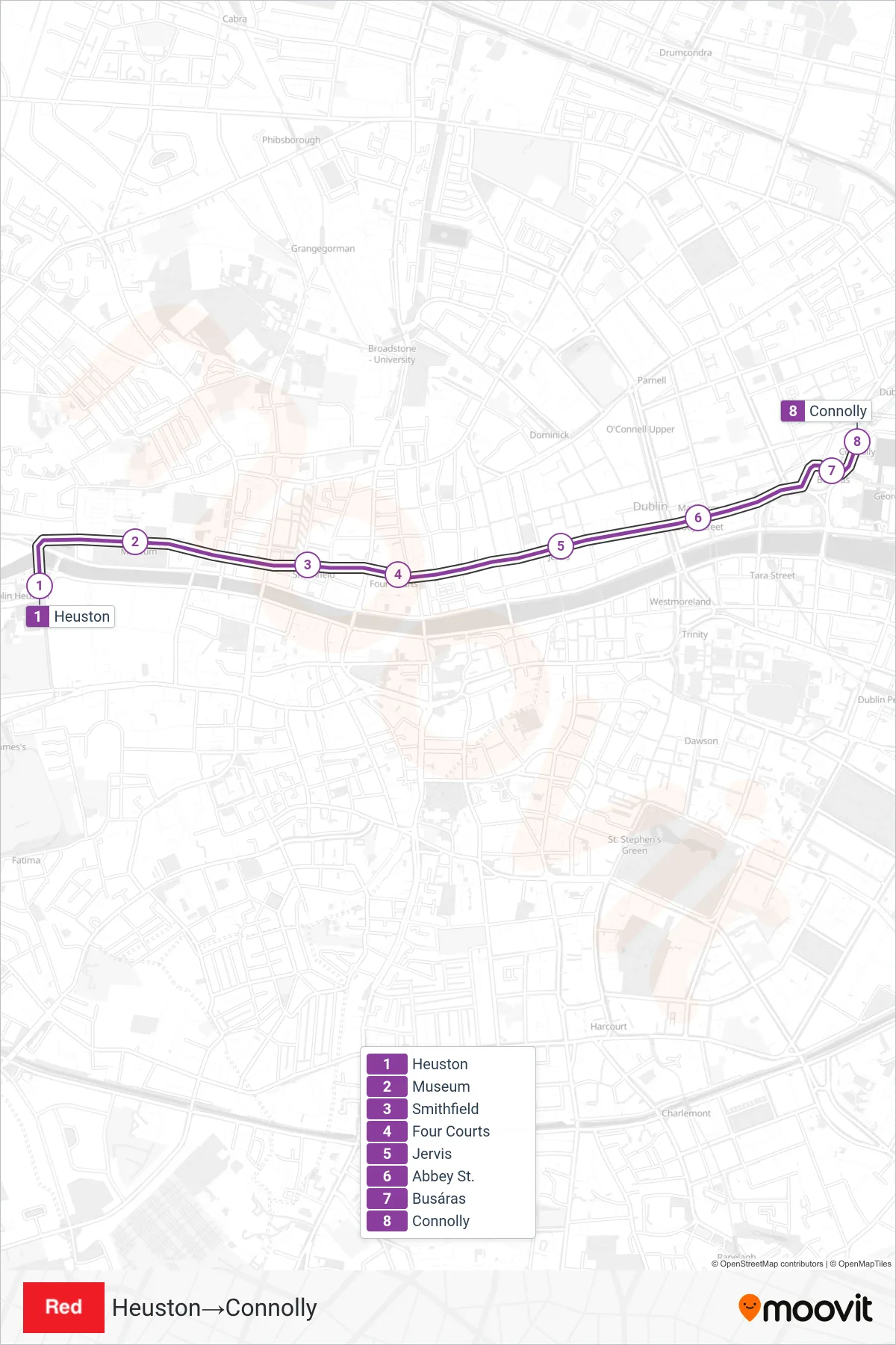 RED tram Line (Heuston‎→Connolly) route and stops on a map