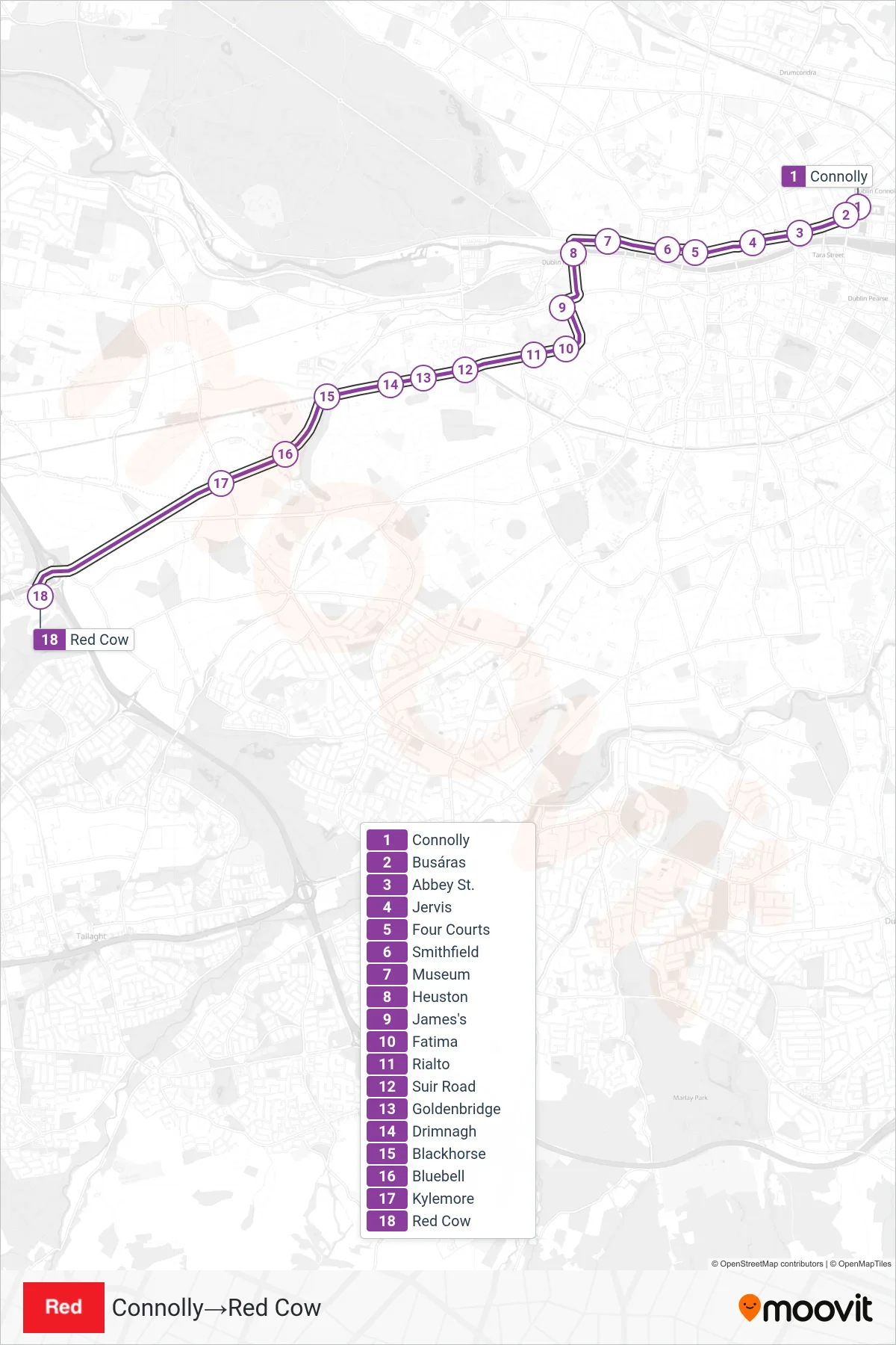 RED light rail Line (Connolly→Red Cow) route and stops on a map