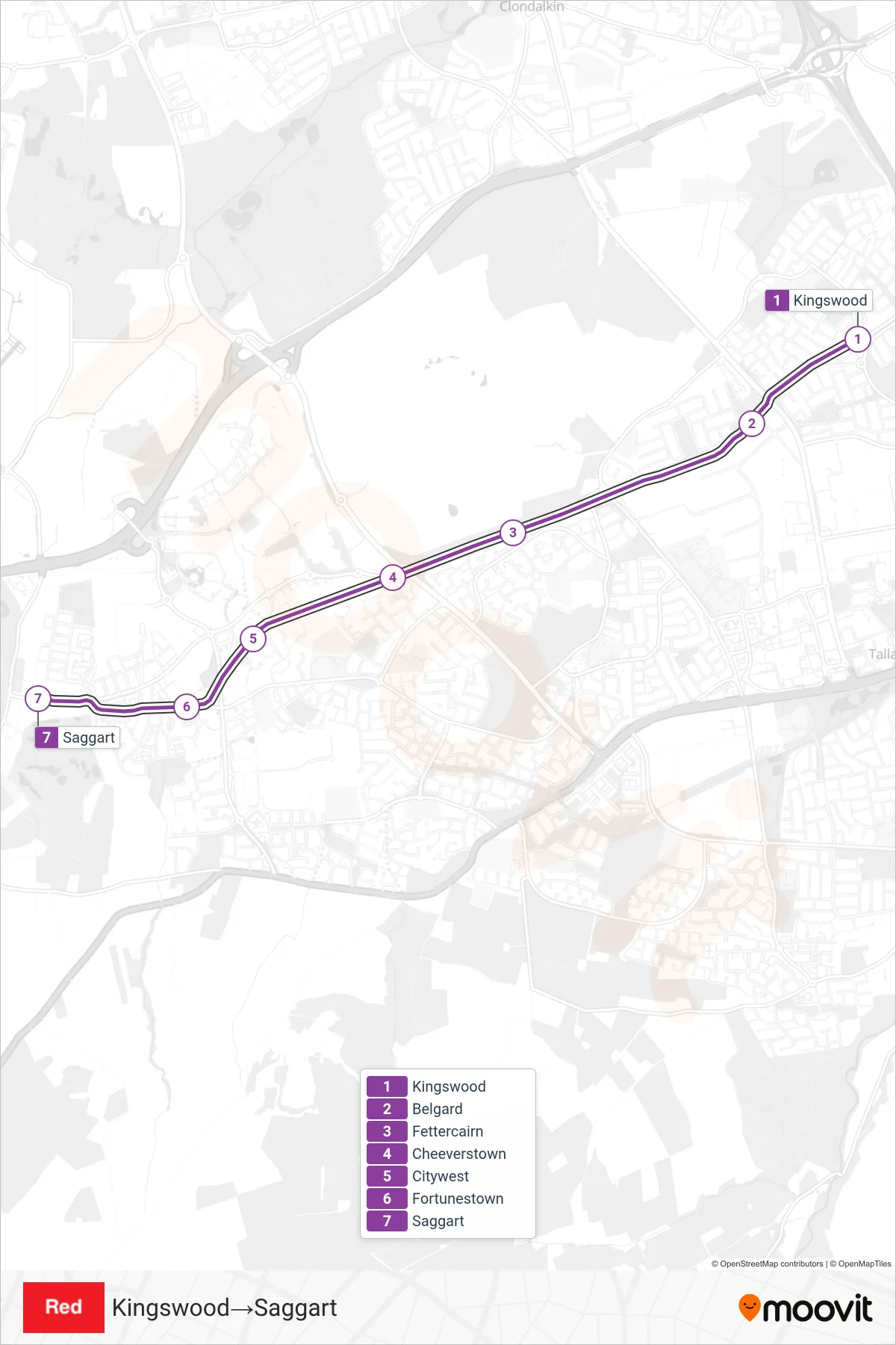 RED light rail Line (Kingswood‎→Saggart) route and stops on a map