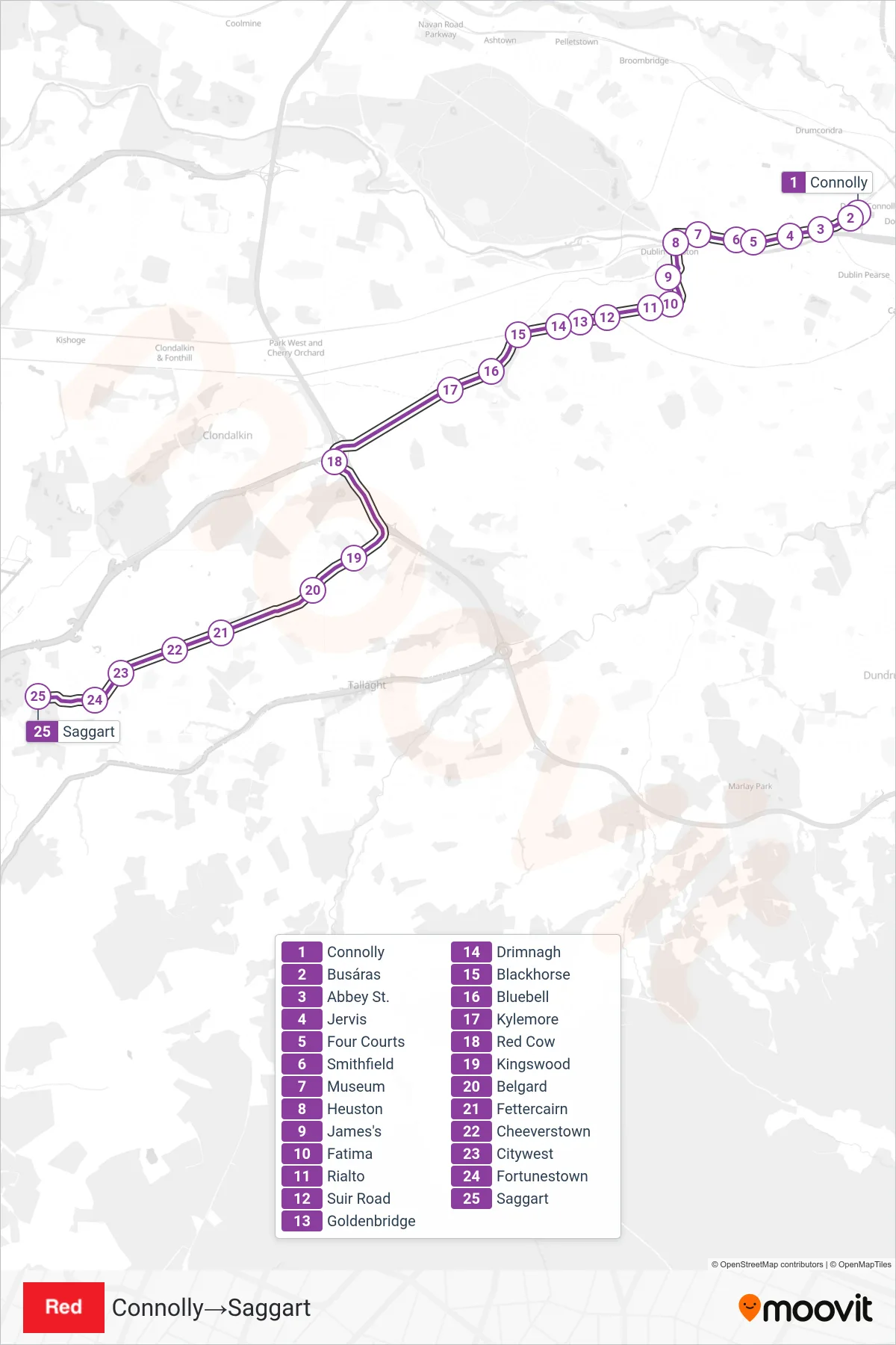 RED light rail Line (Connolly→Saggart) route and stops on a map
