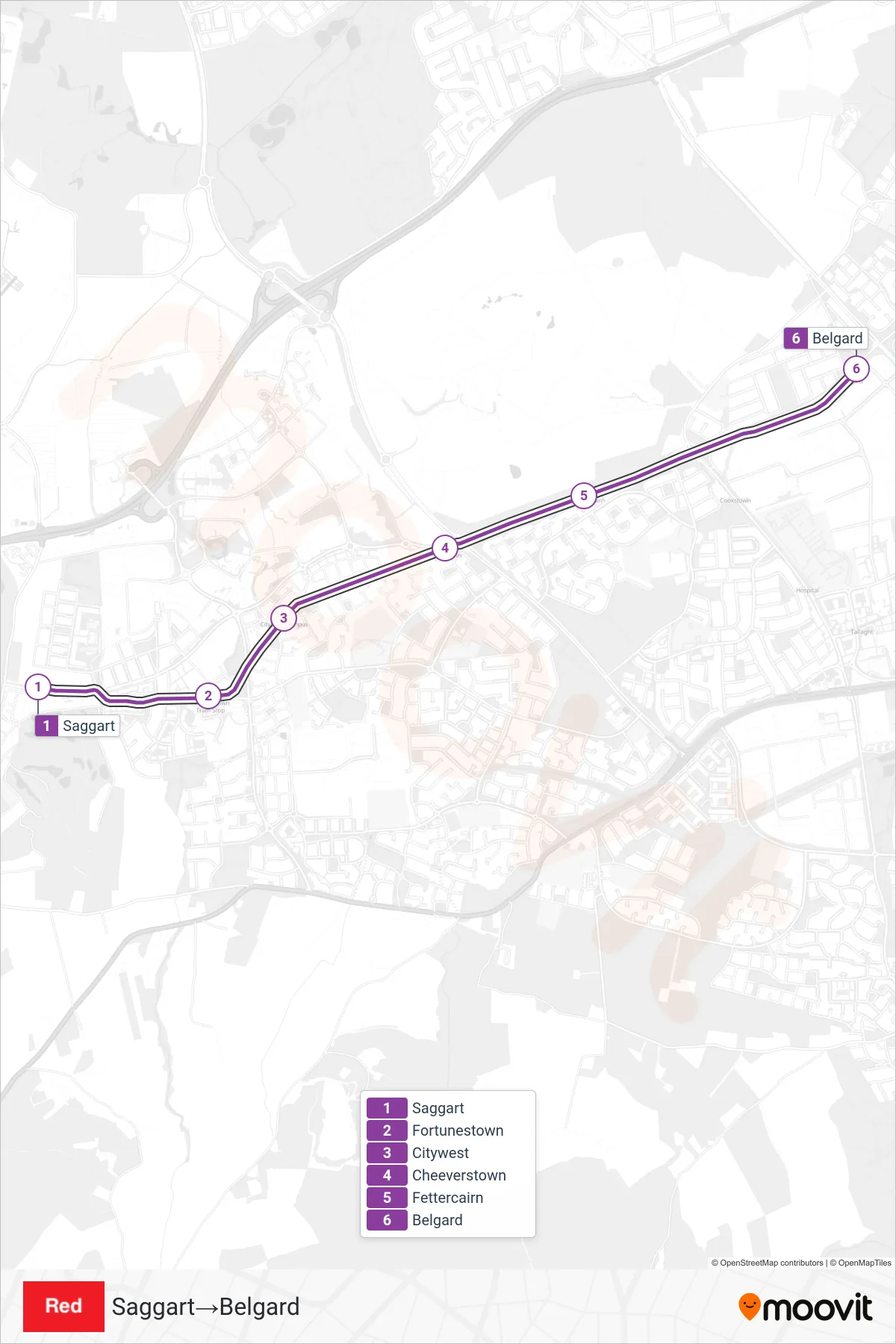 RED light rail Line (Saggart‎→Belgard) route and stops on a map