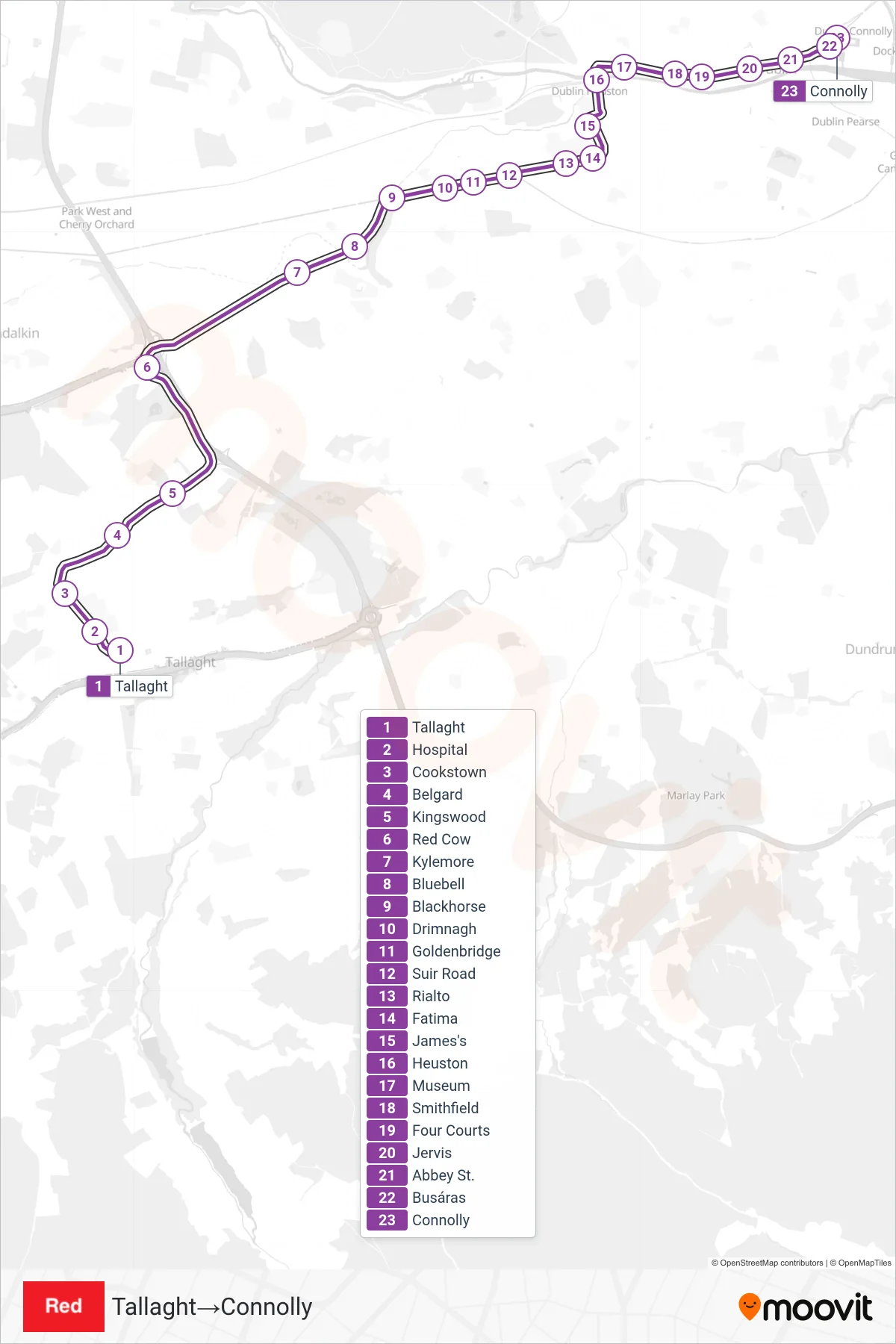 RED light rail Line (Tallaght‎→Connolly) route and stops on a map