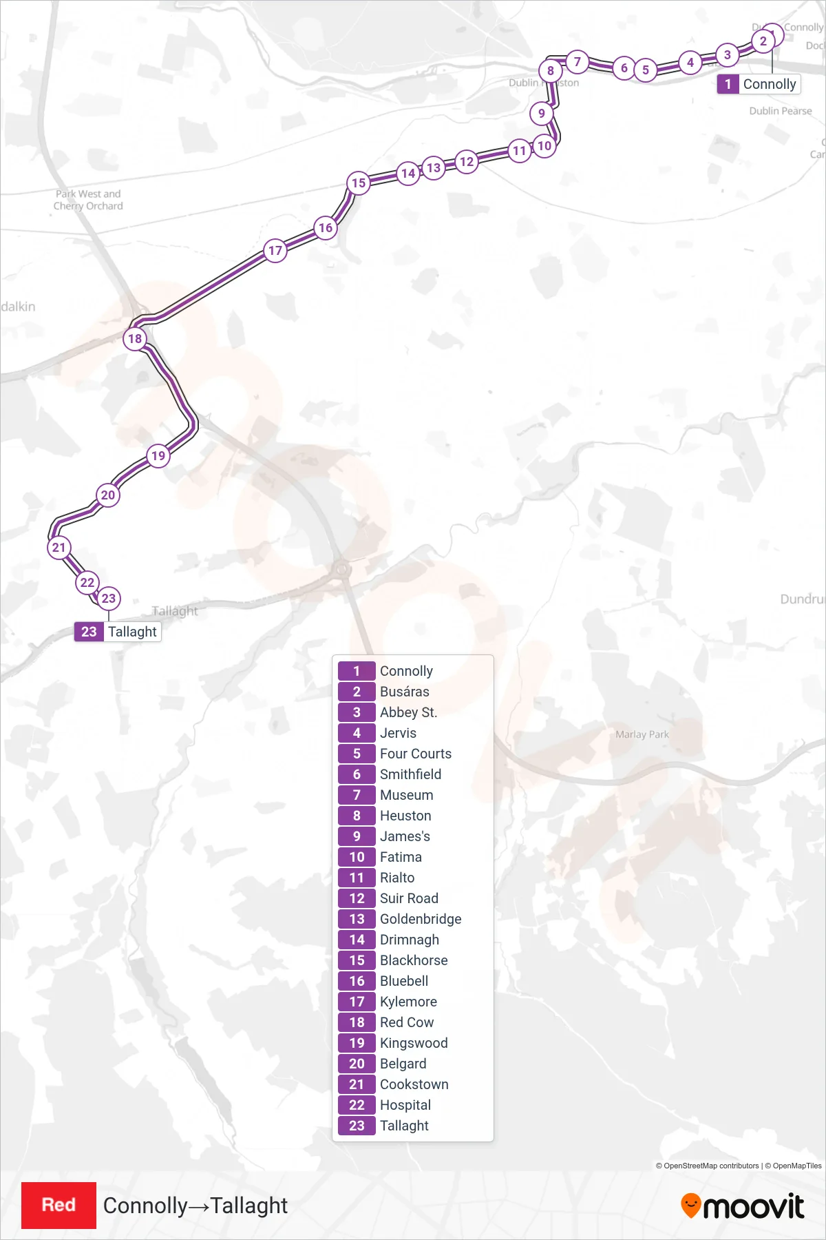 RED light rail Line (Connolly‎→Tallaght) route and stops on a map