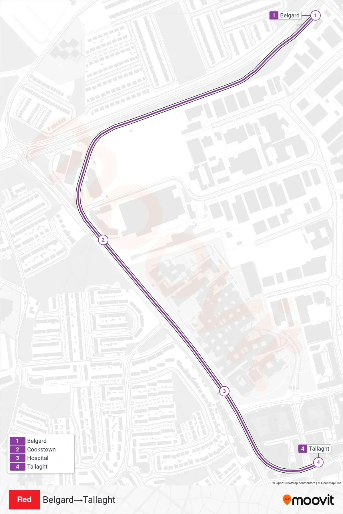 RED light rail Line (Belgard→Tallaght) route and stops on a map