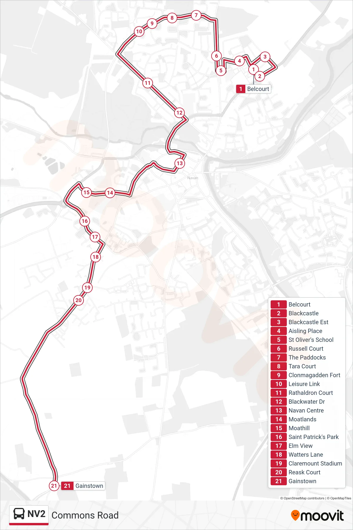 NV2 bus Line (Commons Road) route and stops on a map