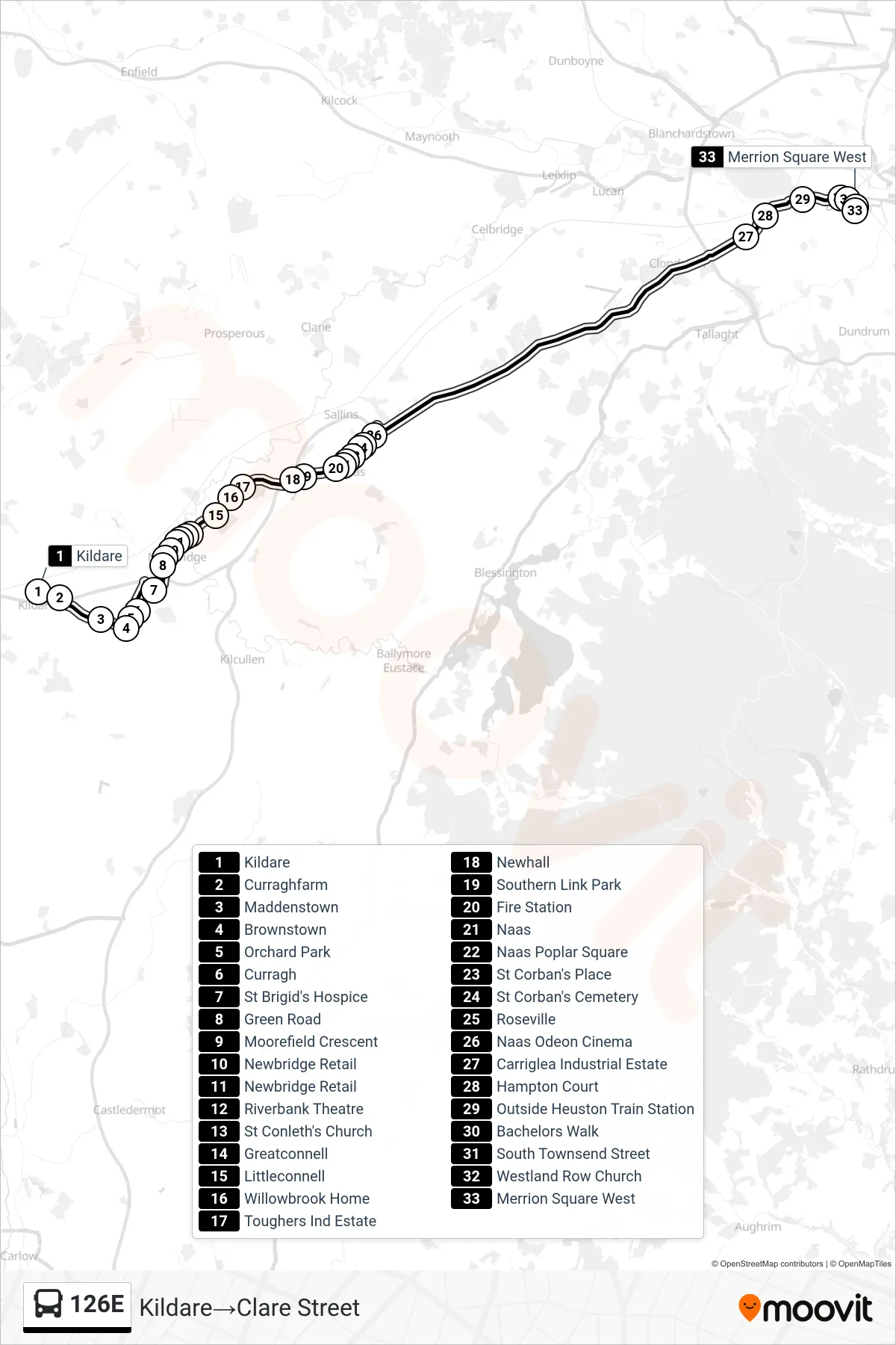 126E tram Line (Kildare→Clare Street) route and stops on a map