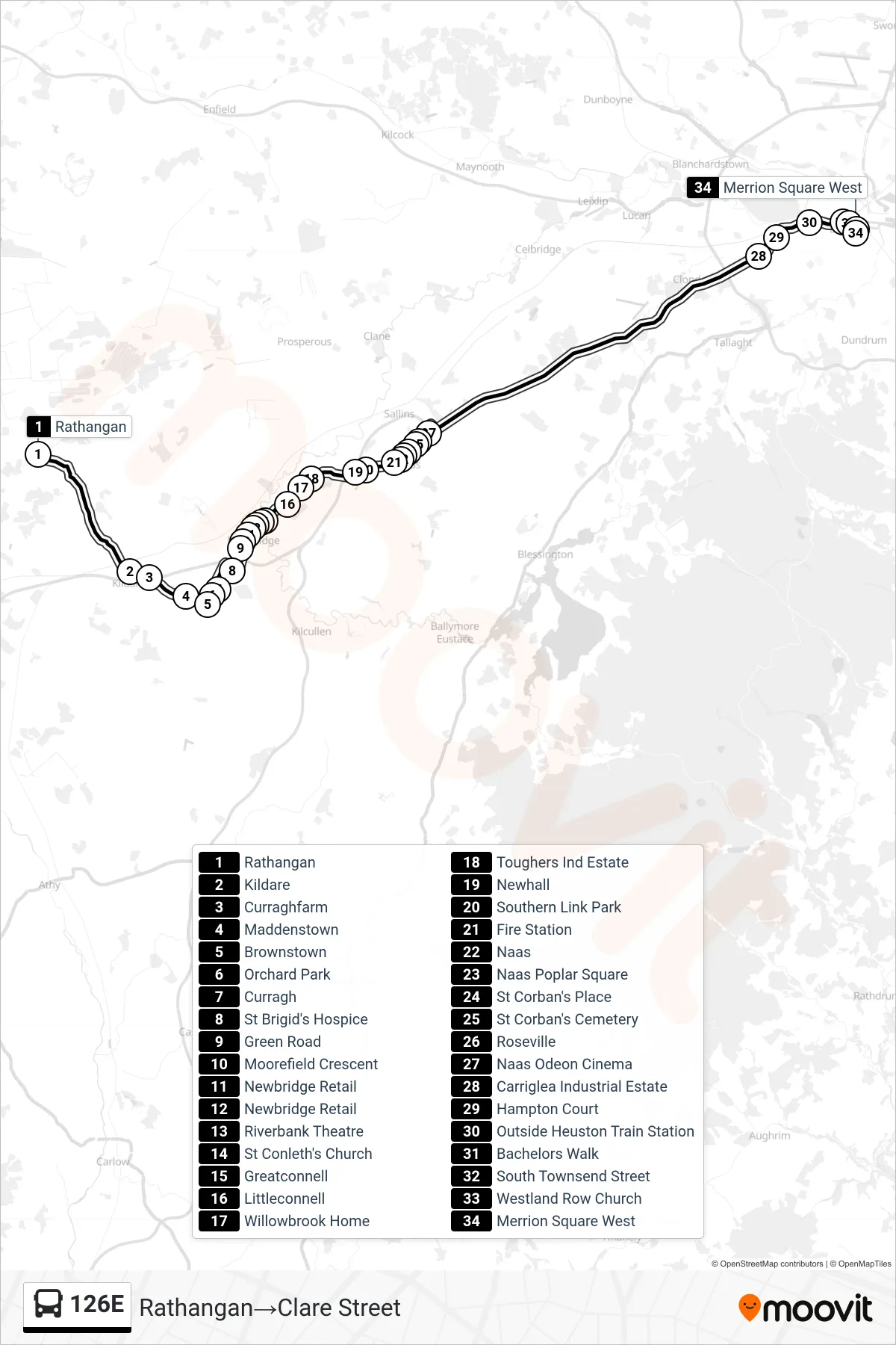 126E tram Line (Rathangan‎→Clare Street) route and stops on a map
