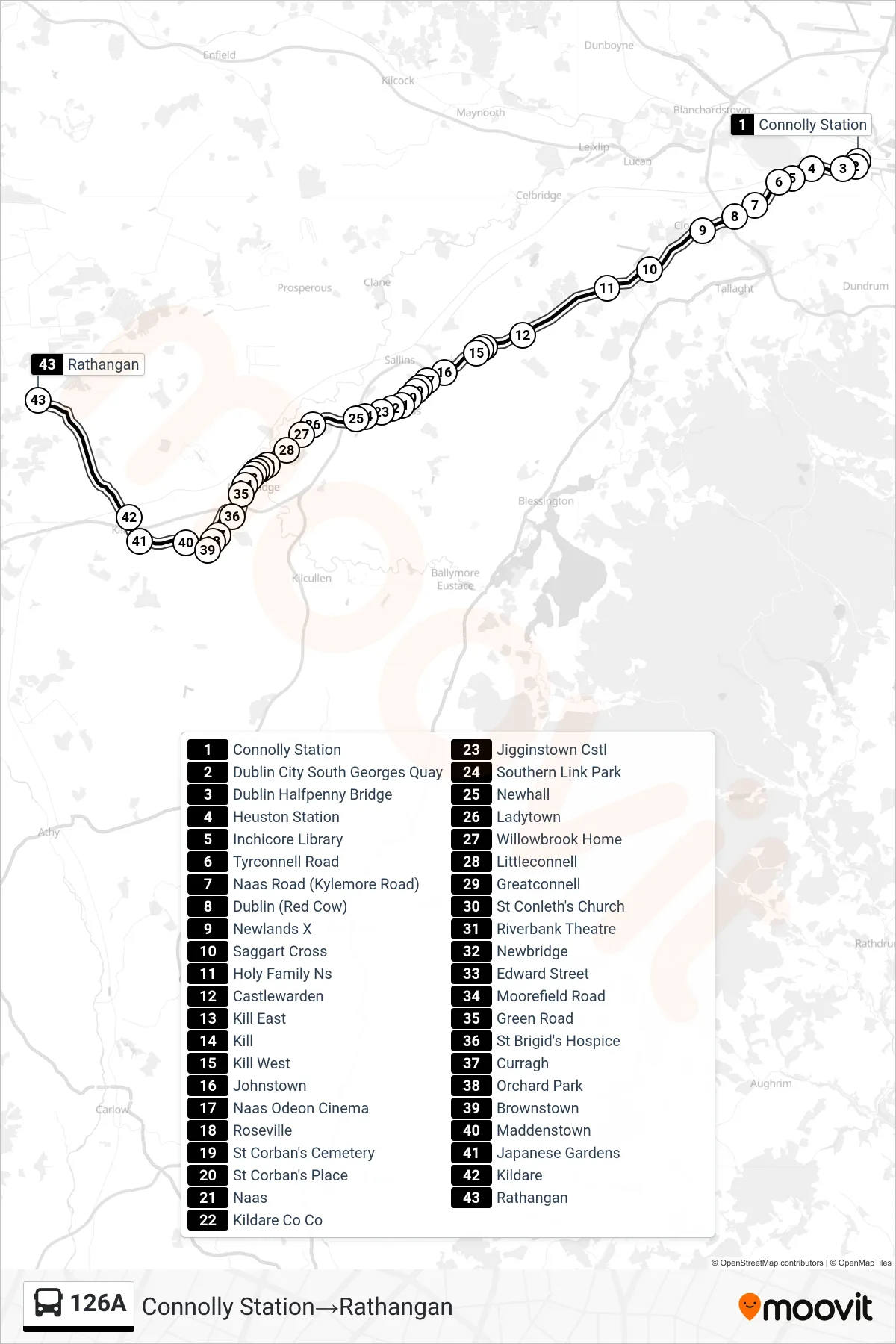 126A tram Line (Connolly Station→Rathangan) route and stops on a map